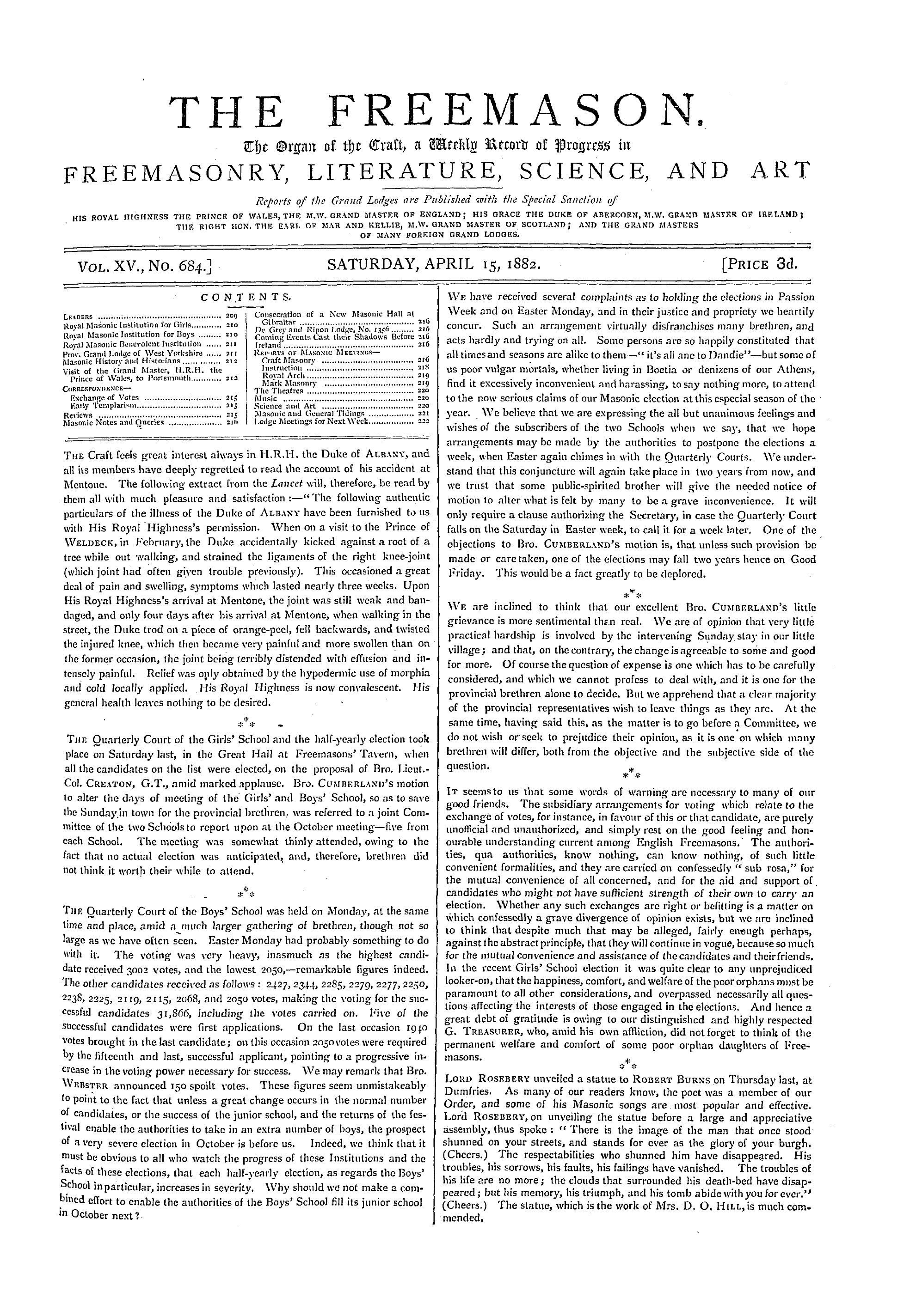 The Freemason: 1882-04-15 - Contents.