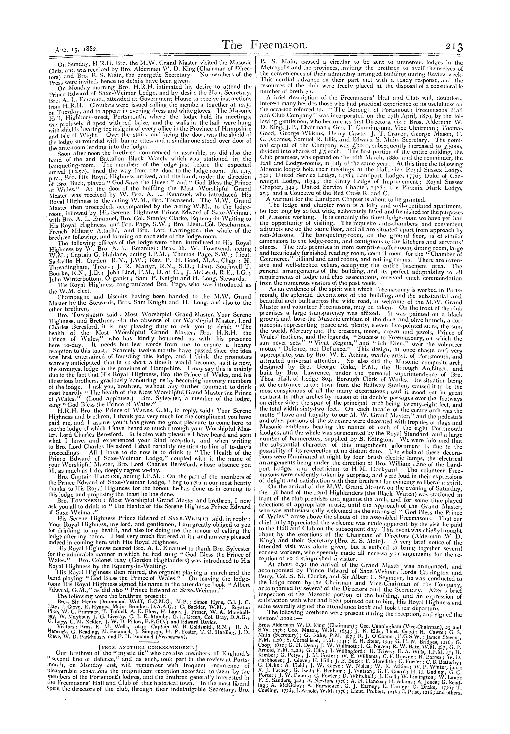 The Freemason: 1882-04-15 - Visit Of The Grand Master, H.R.H. The Prince Of Wales, To Portsmouth.