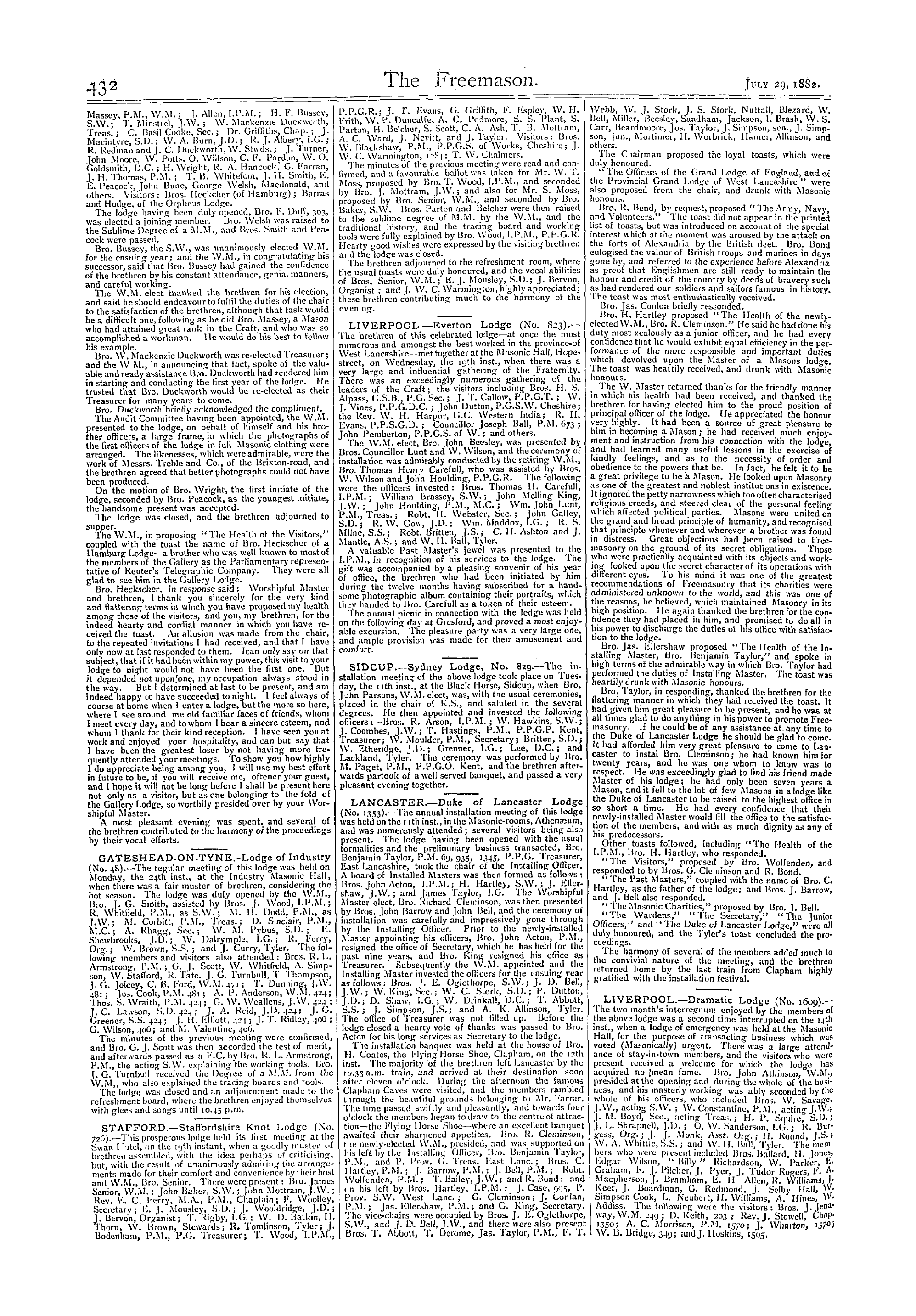 The Freemason: 1882-07-29 - Reports Of Masonic Meetings.