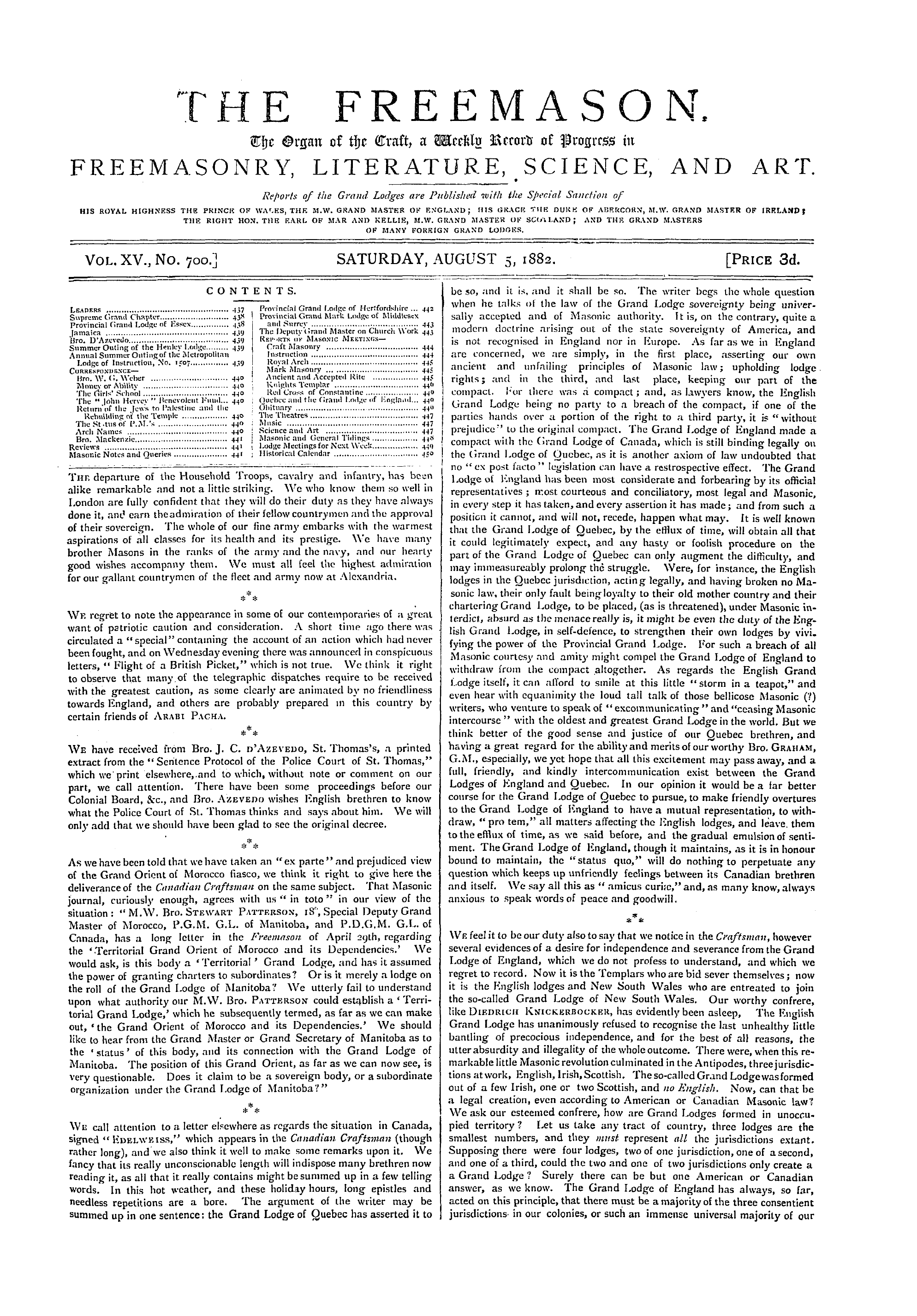 The Freemason: 1882-08-05 - Contents.