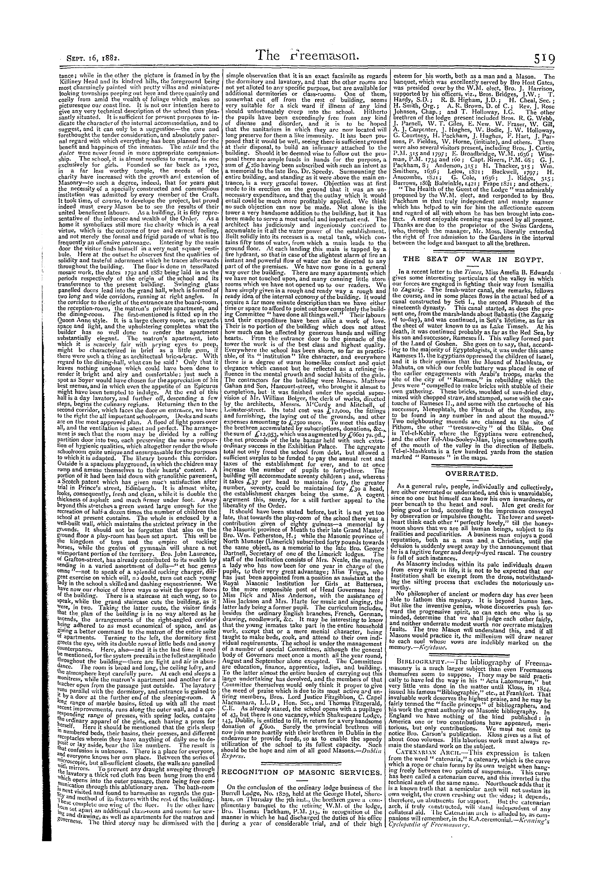 The Freemason: 1882-09-16 - Recognition Of Masonic Services.