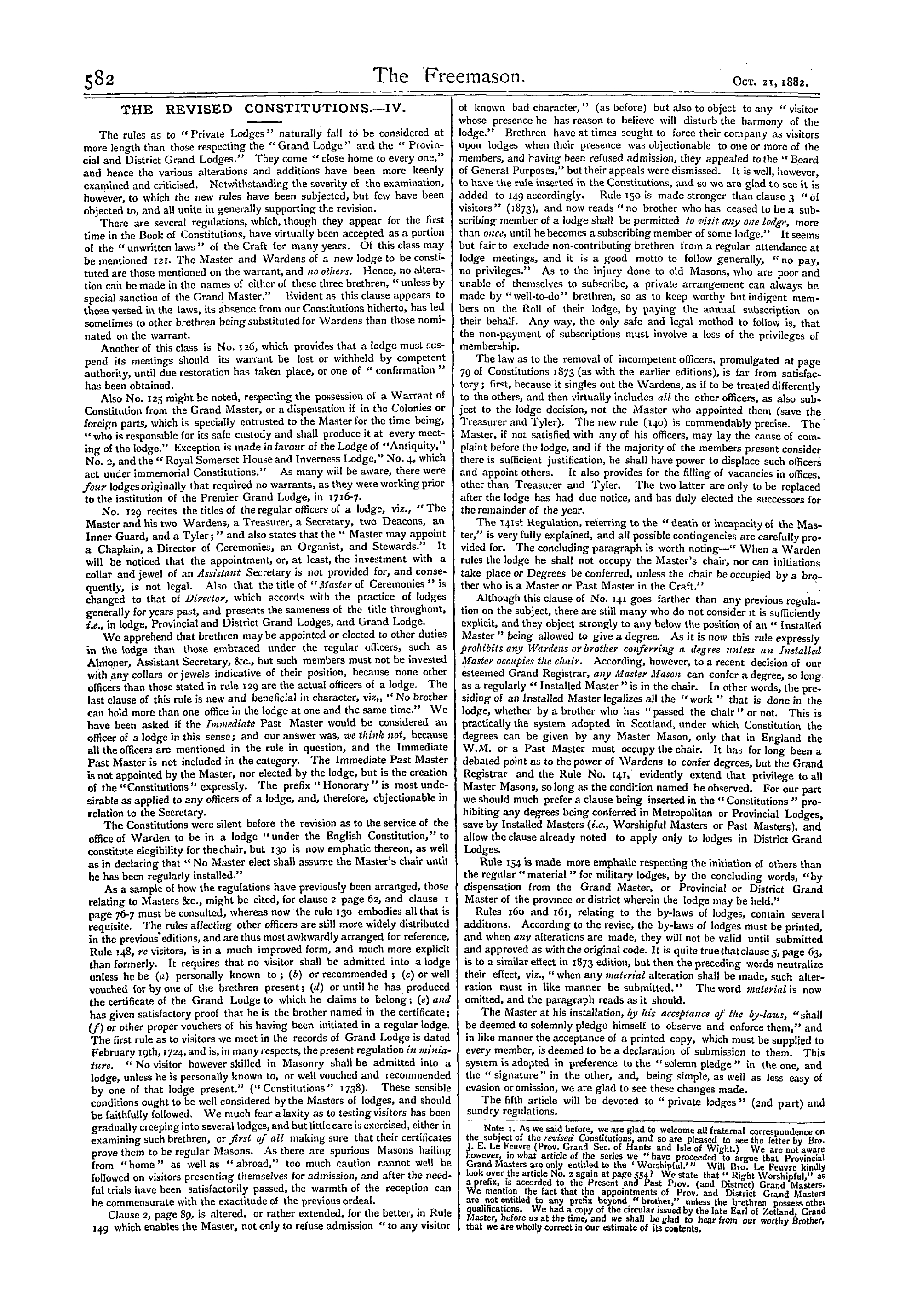 The Freemason: 1882-10-21 - The Revised Constitutions. -Iv.