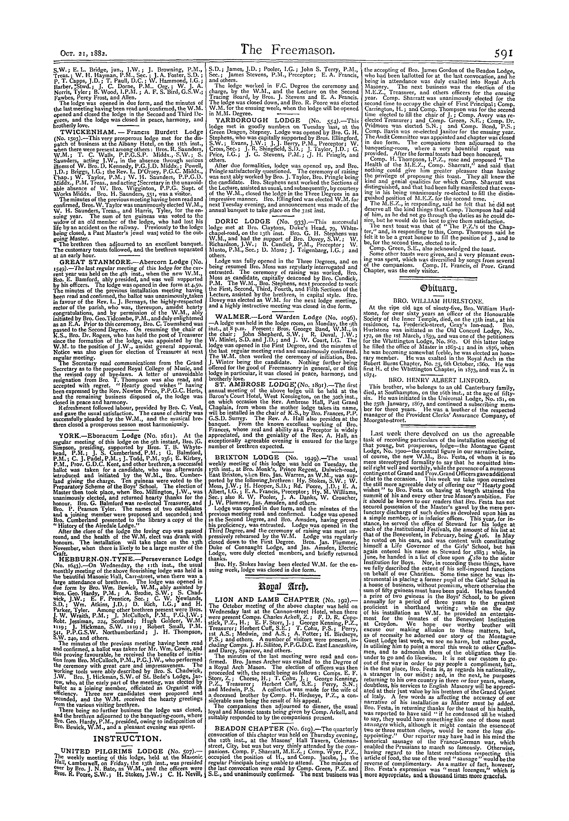 The Freemason: 1882-10-21 - Reports Of Masonic Meetings.