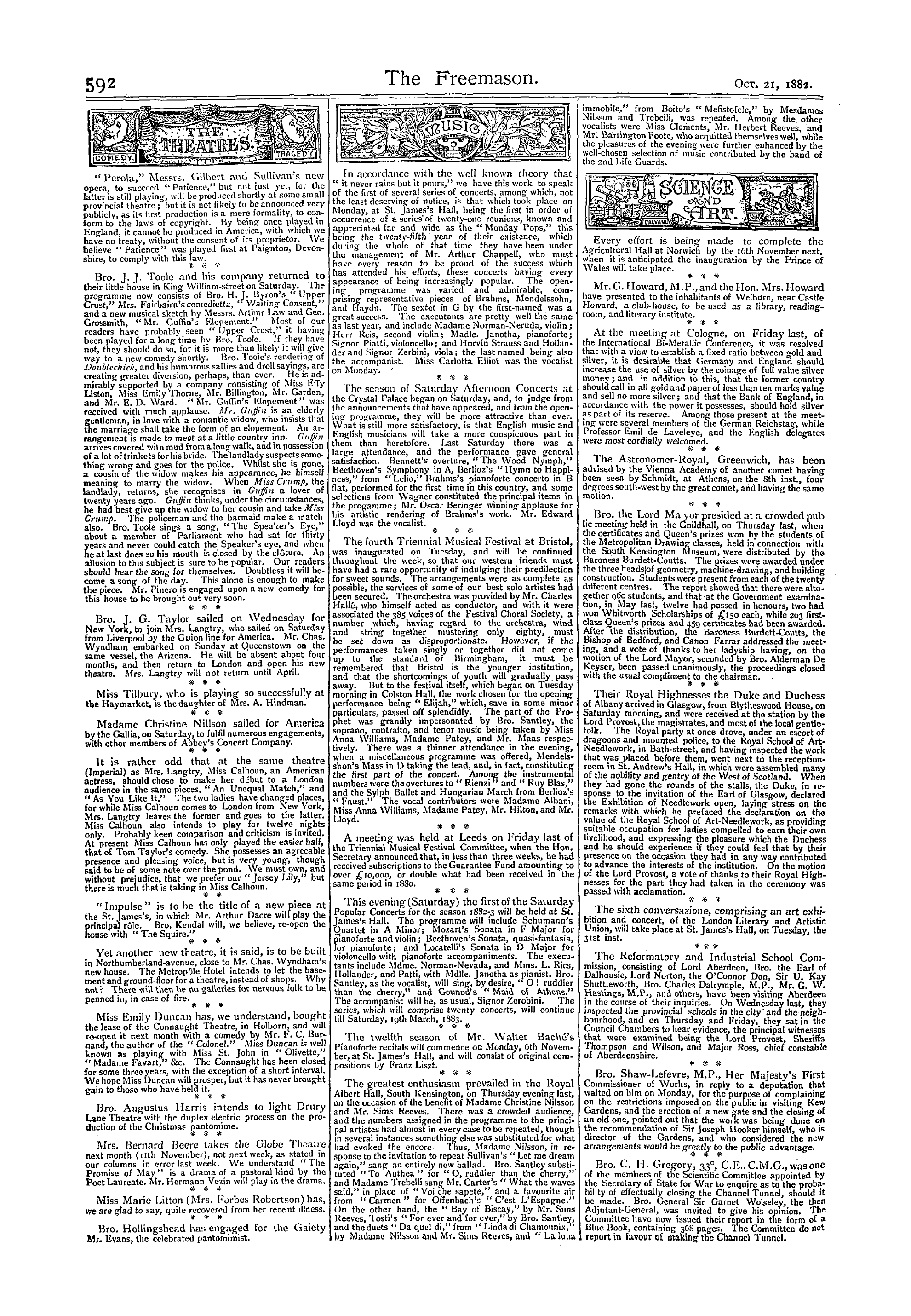 The Freemason: 1882-10-21 - The Theatres.