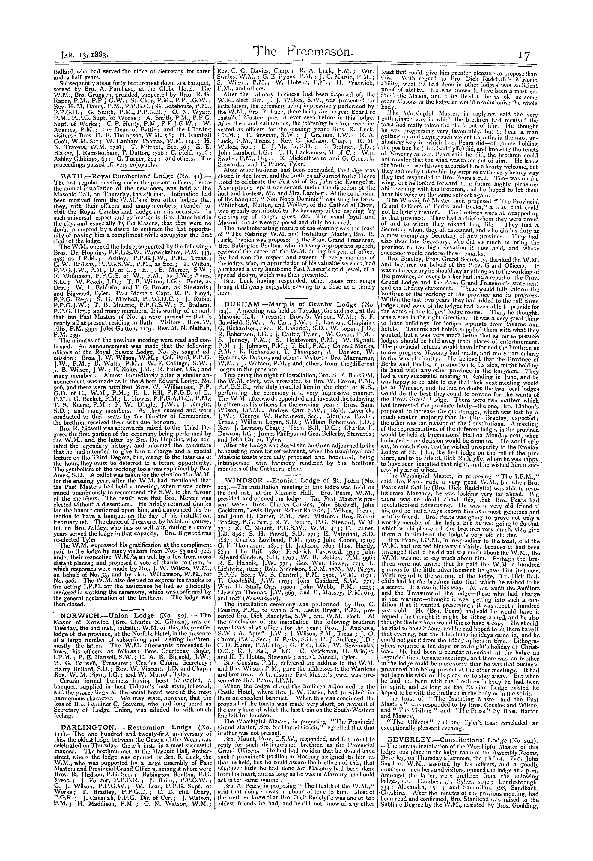 The Freemason: 1883-01-13 - Reports Of Masonic Meetings.