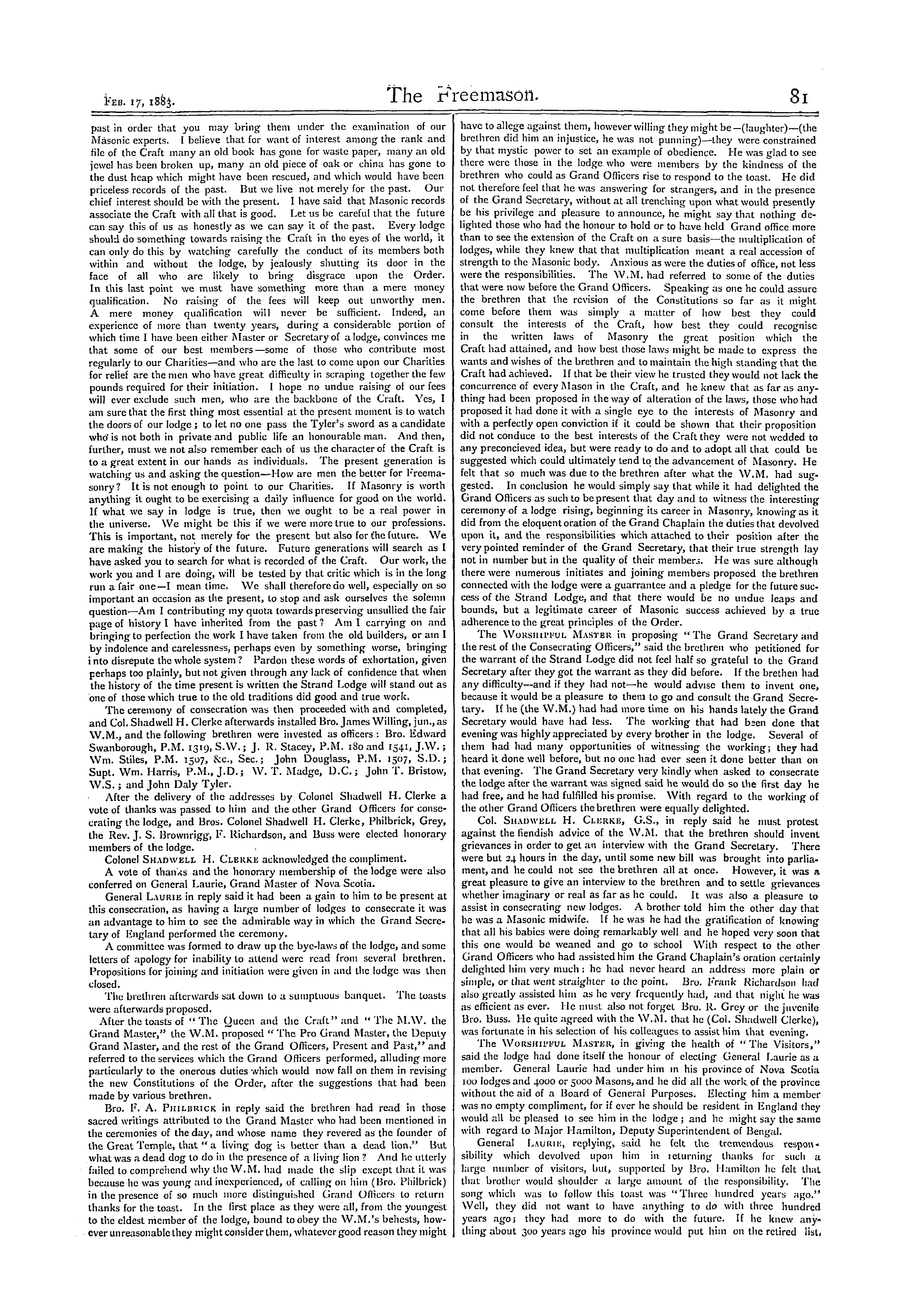 The Freemason: 1883-02-17 - Consecration Of The Strand Lodge, No. 1987.