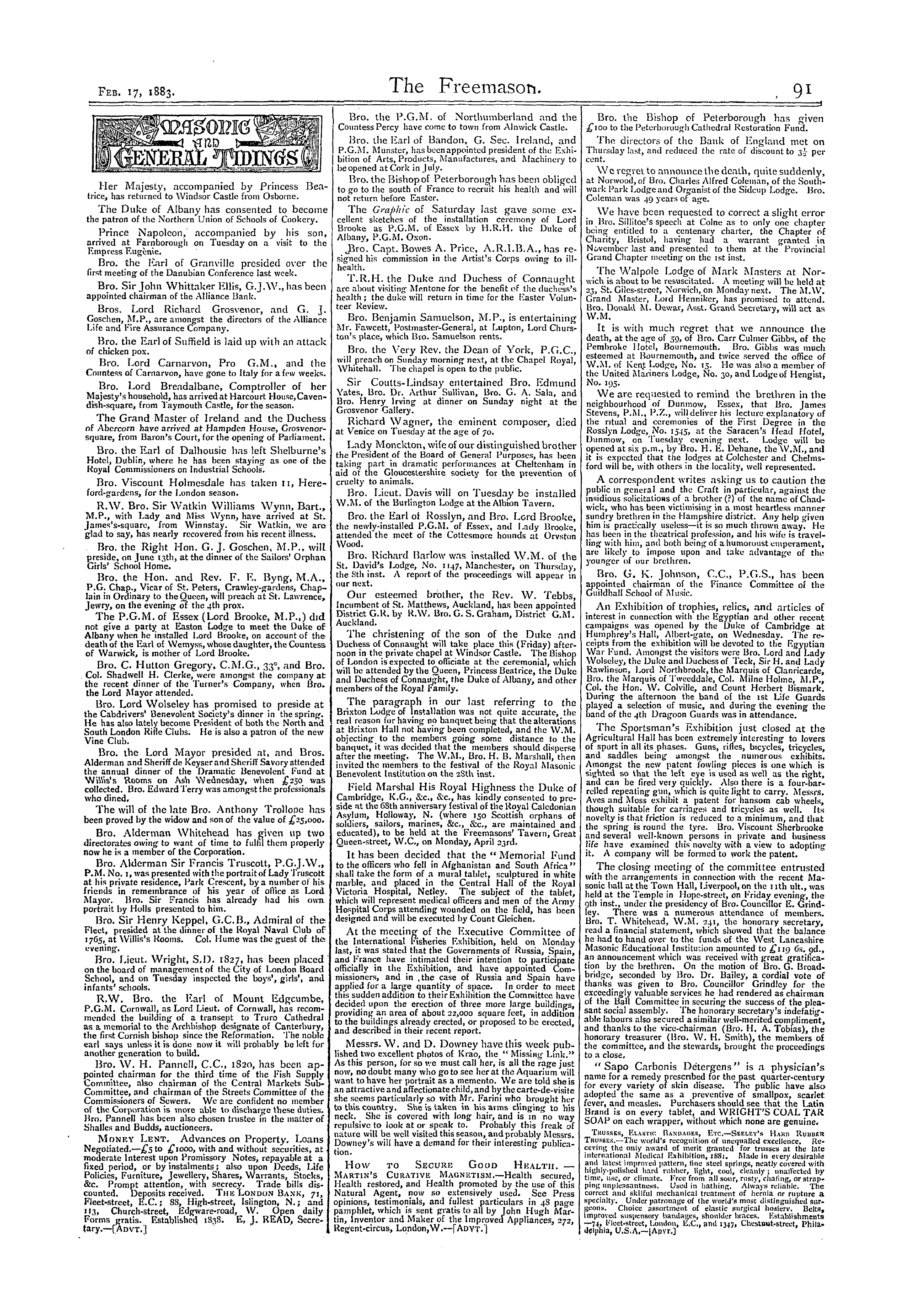 The Freemason: 1883-02-17 - Masonic And General Tidings