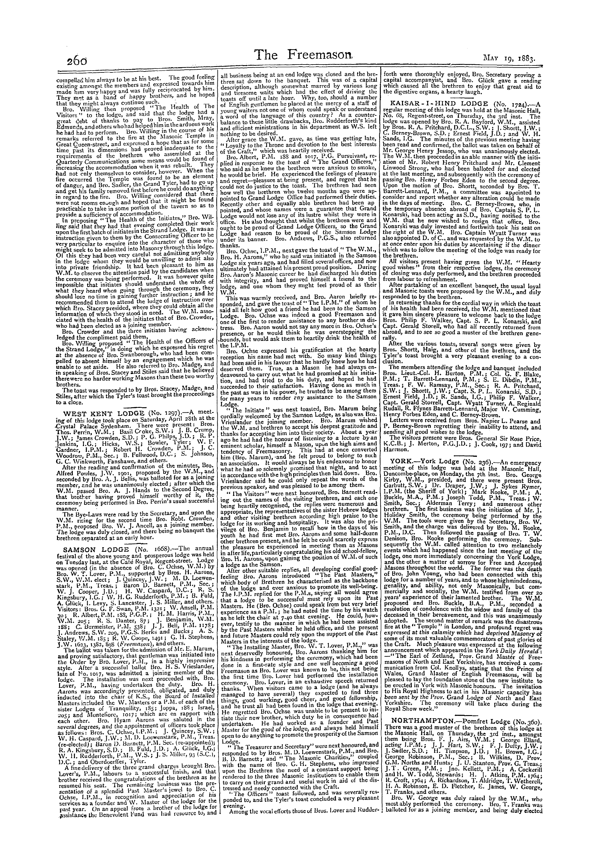 The Freemason: 1883-05-19 - Reports Of Masonic Meetings.