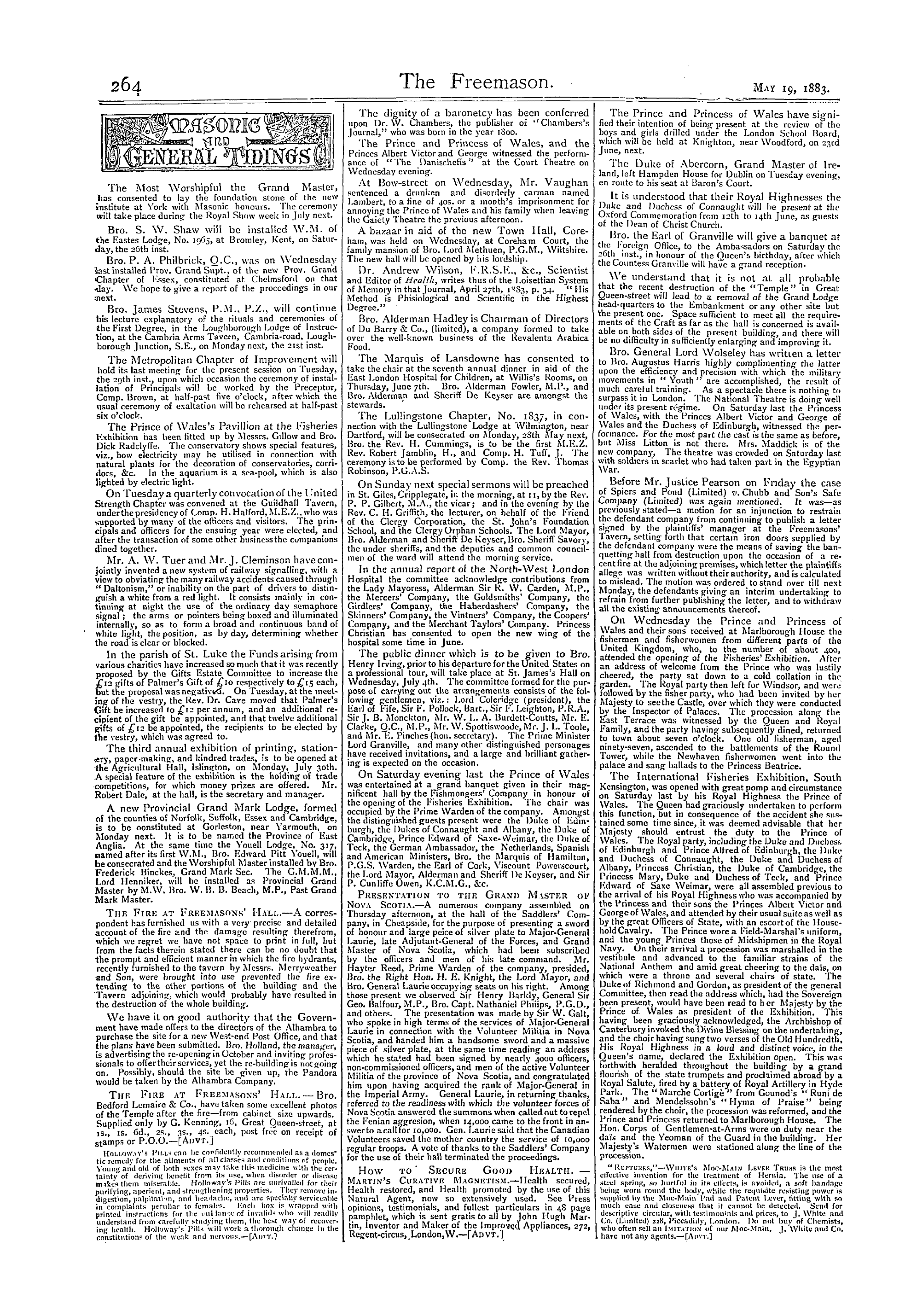 The Freemason: 1883-05-19 - Masonic And General Tidings