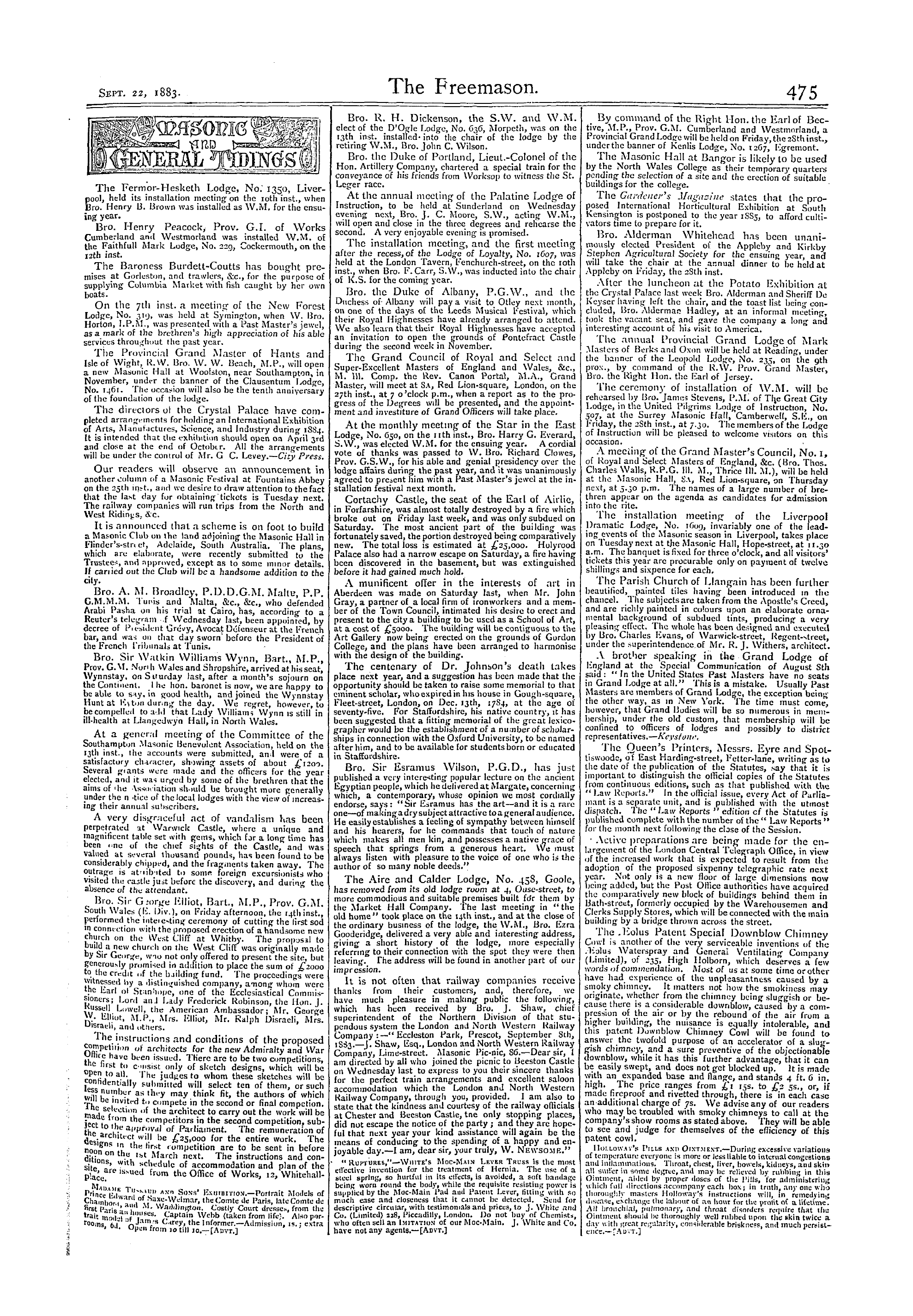 The Freemason: 1883-09-22 - Masonic And General Tidings