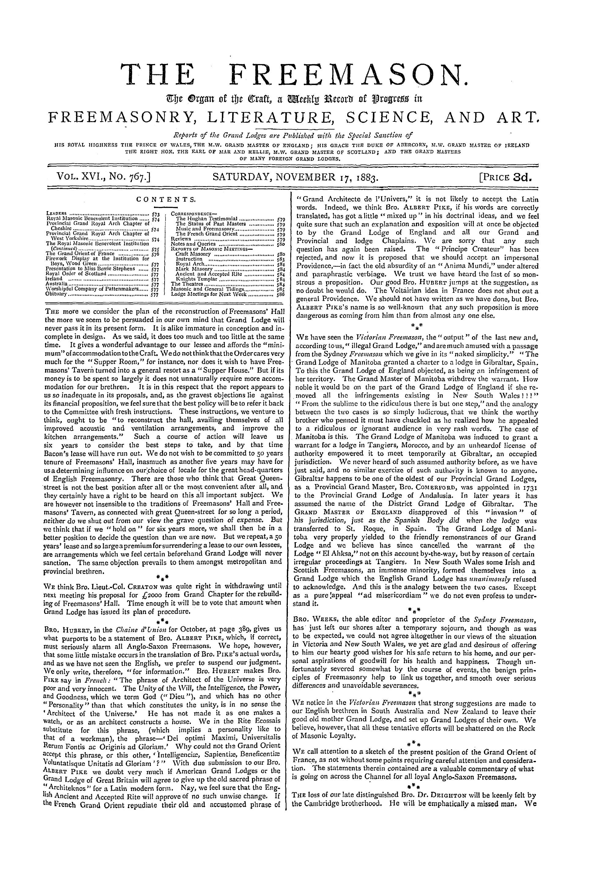 The Freemason: 1883-11-17 - Contents.