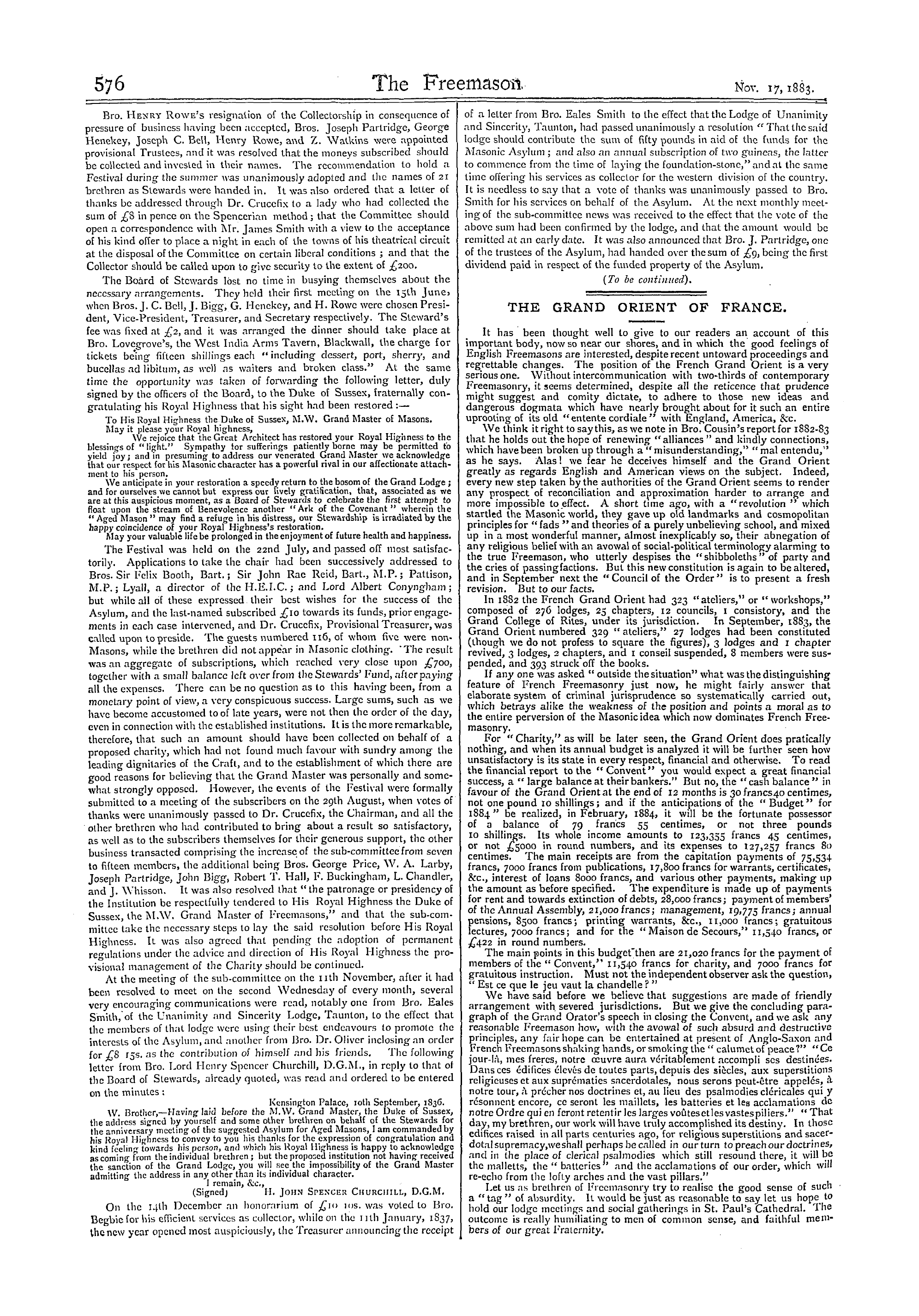 The Freemason: 1883-11-17 - The Royal Masonic Benevolent Institution.