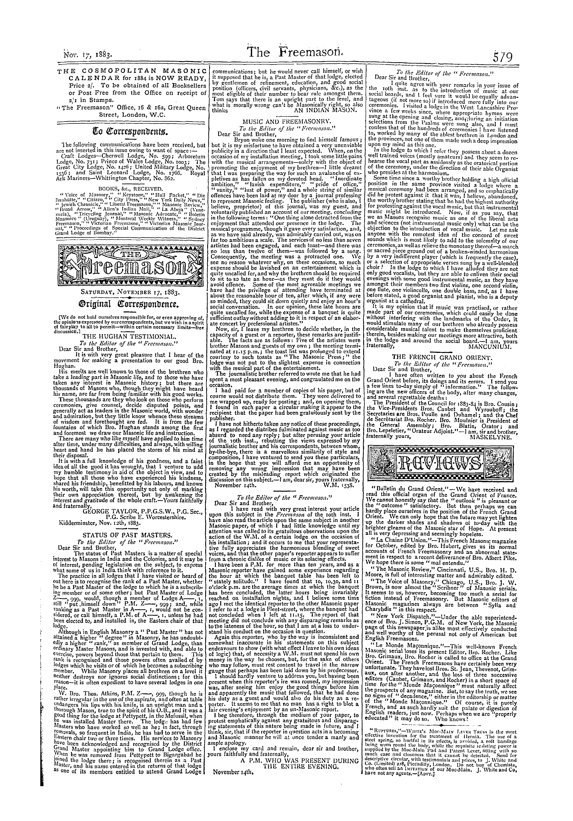 The Freemason: 1883-11-17 - Original Correspondence.