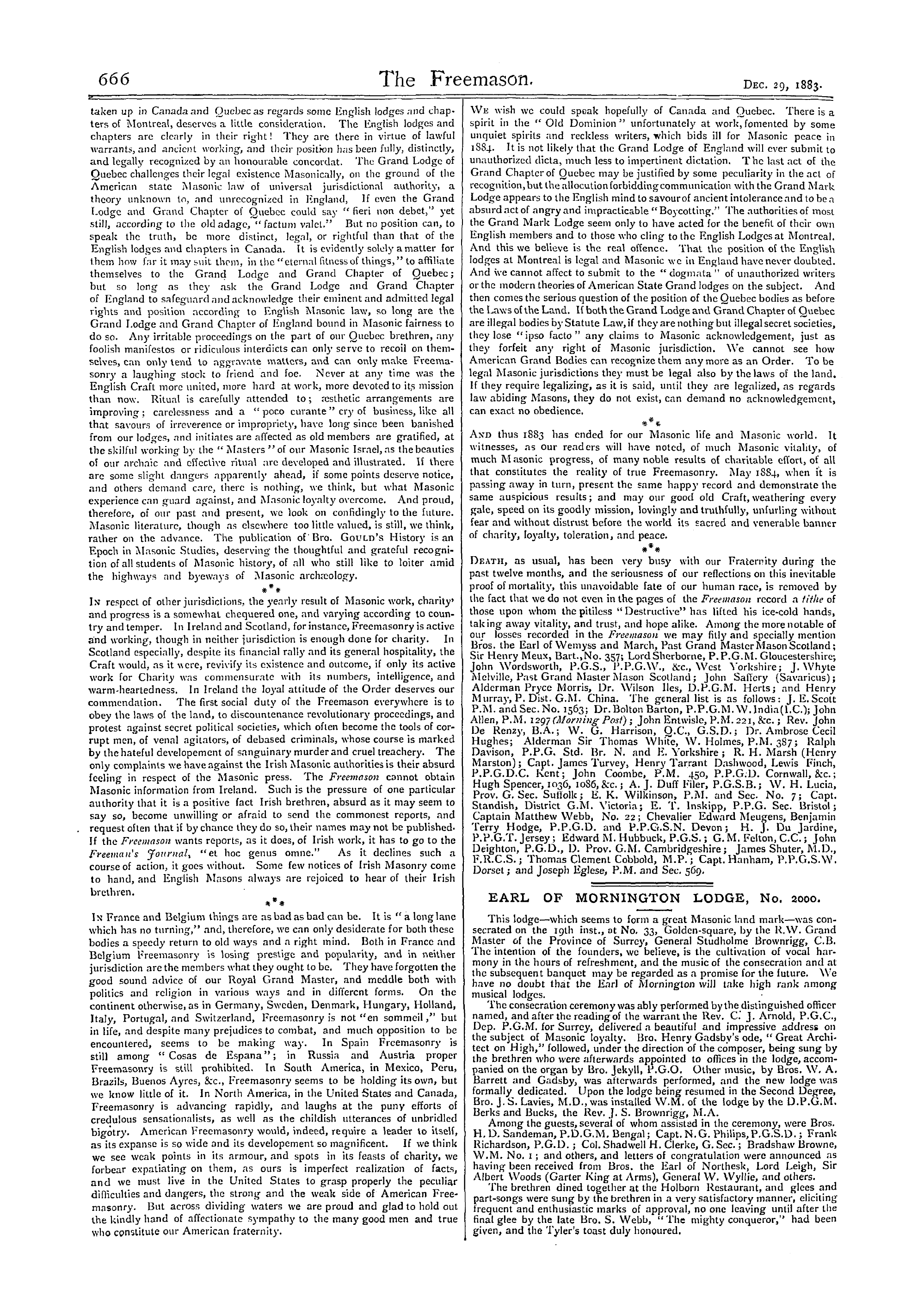 The Freemason: 1883-12-29 - Earl Of Mornington Lodge. No. 2000.