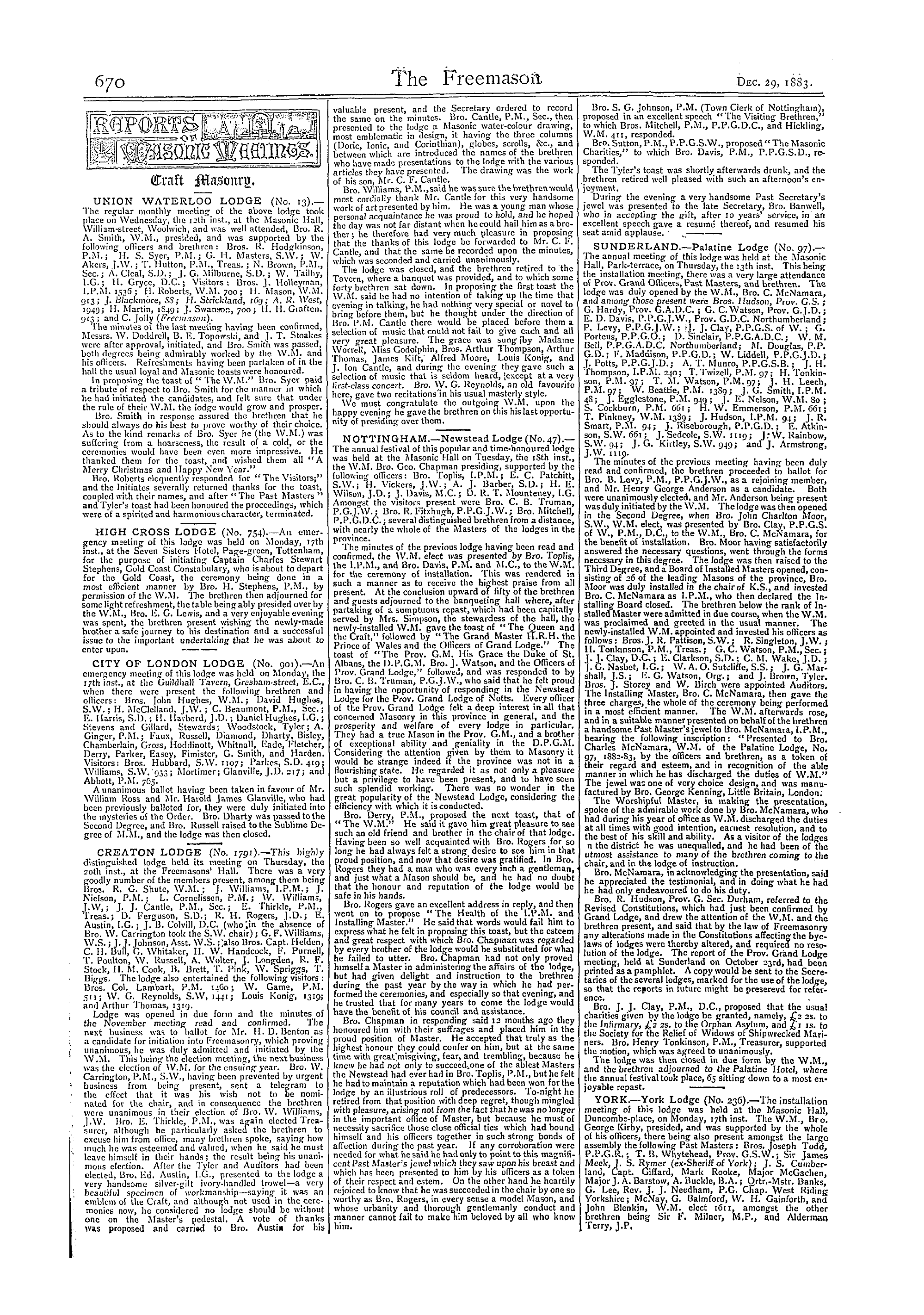 The Freemason: 1883-12-29 - Reports Of Masonic Meetings.