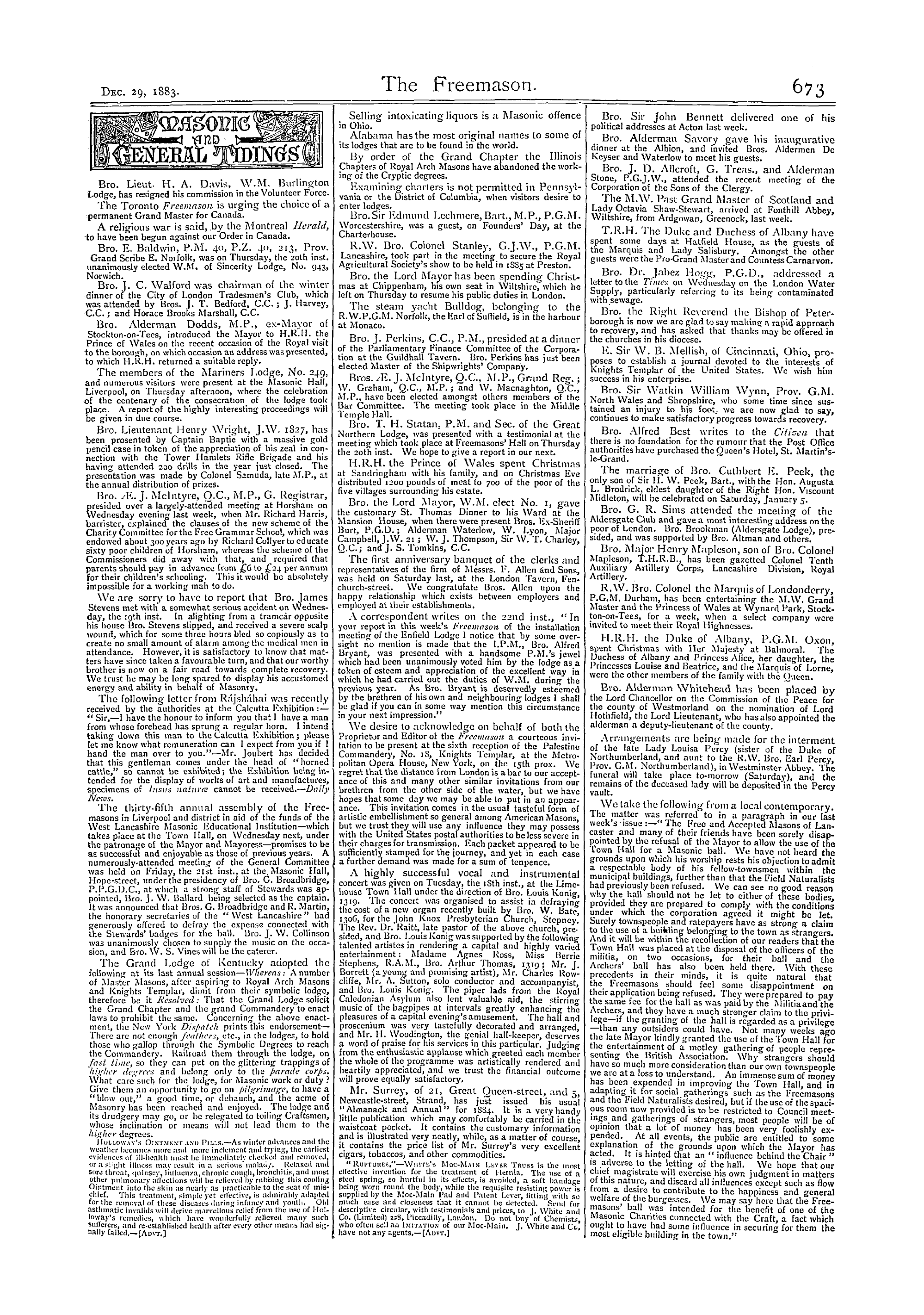 The Freemason: 1883-12-29 - Masonic And General Tidings