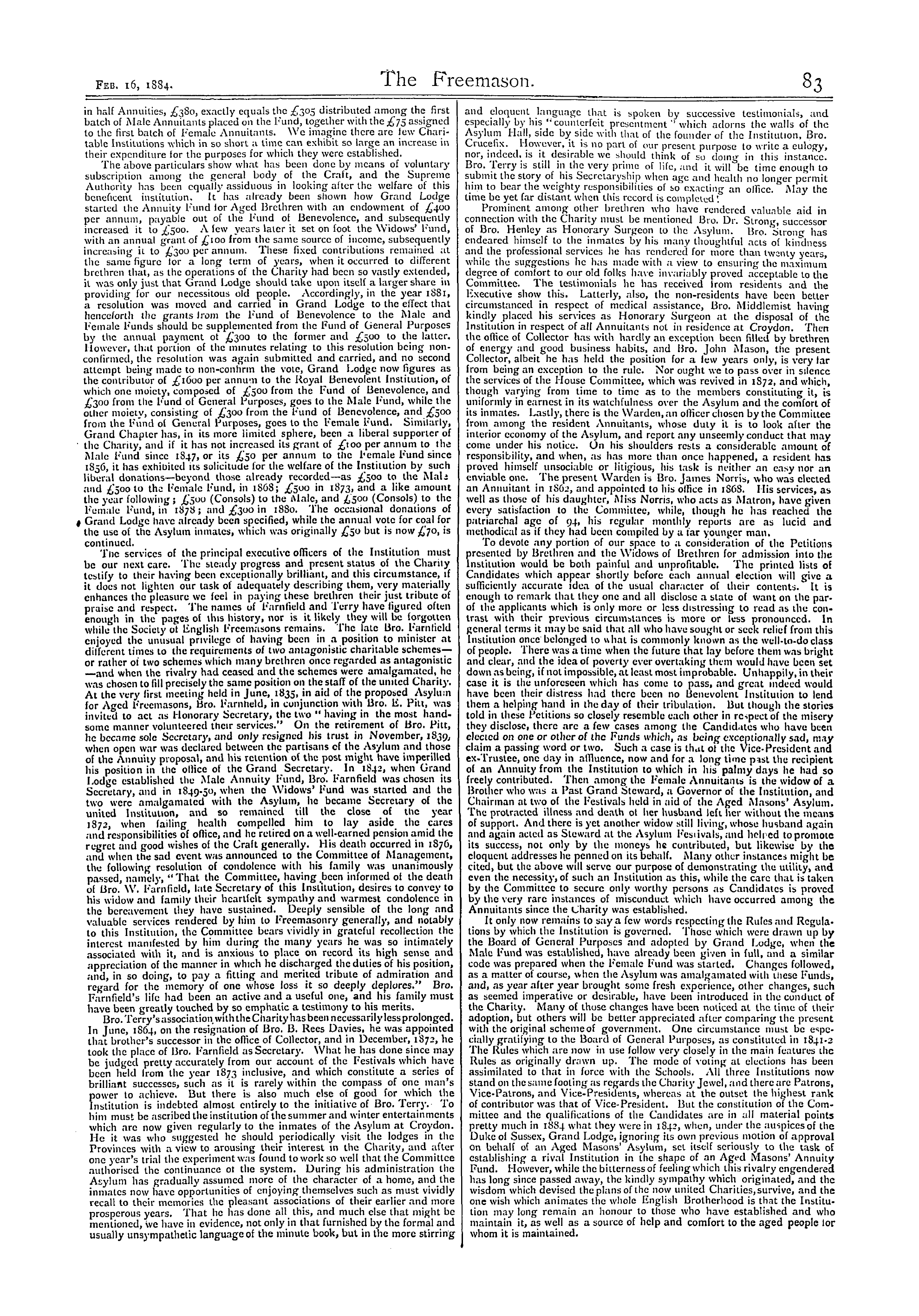 The Freemason: 1884-02-16 - The Royal Masonic Benevolent Institution.