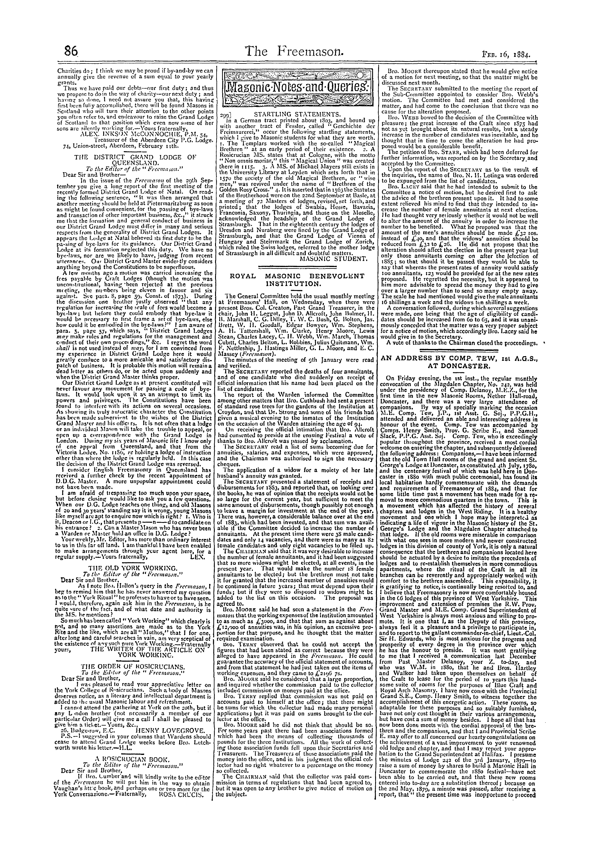 The Freemason: 1884-02-16 - An Address By Comp. Tew, 1st A.G.S., At Doncaster.