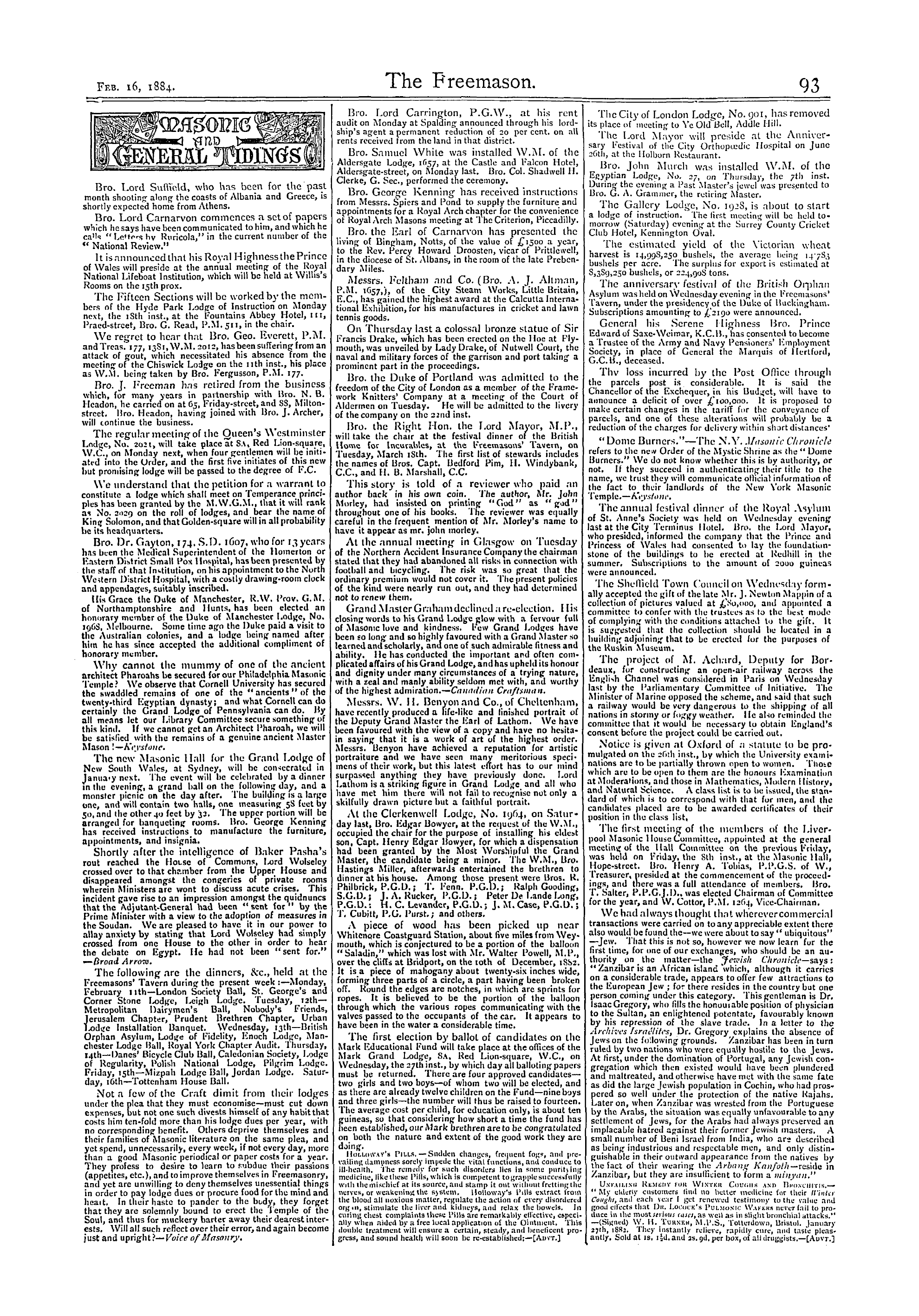 The Freemason: 1884-02-16 - Masonic And General Tidings