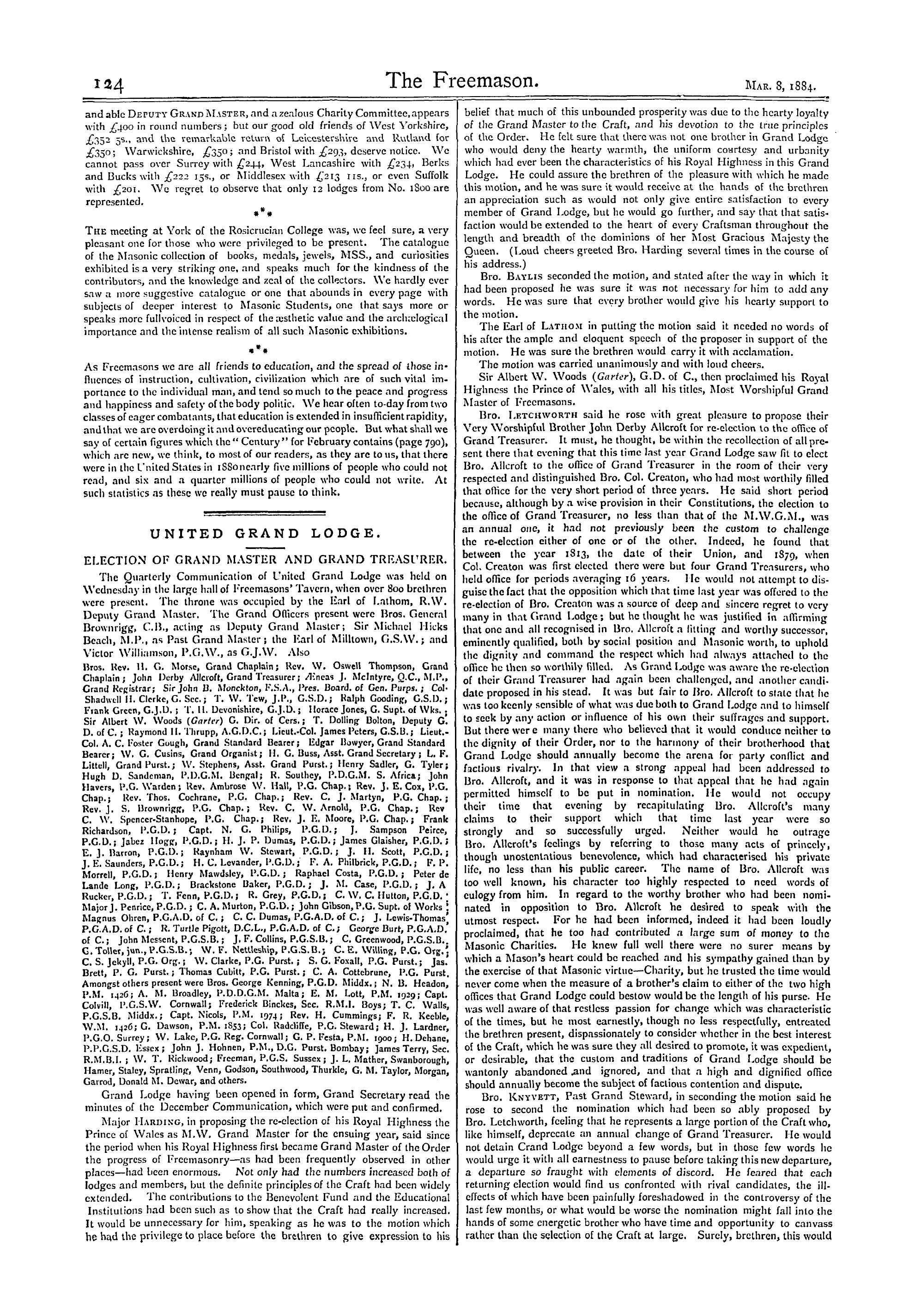 The Freemason: 1884-03-08 - United Grand Lodge.