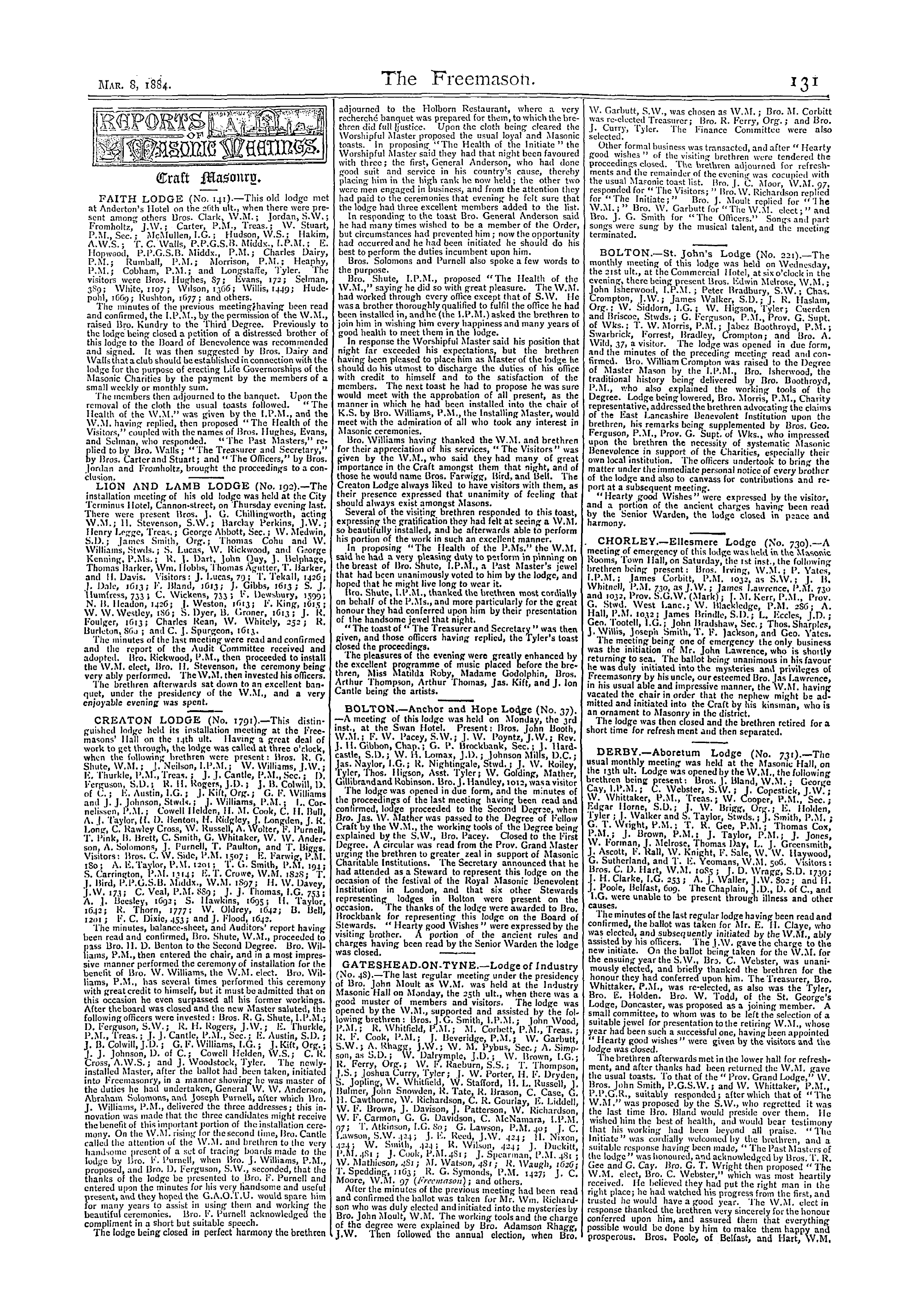 The Freemason: 1884-03-08 - Reports Of Masonic Meetings.