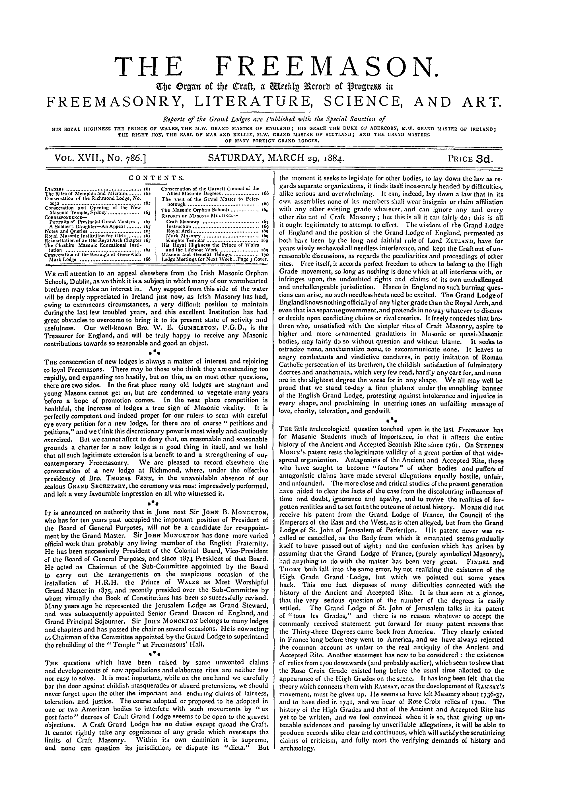 The Freemason: 1884-03-29 - Contents.