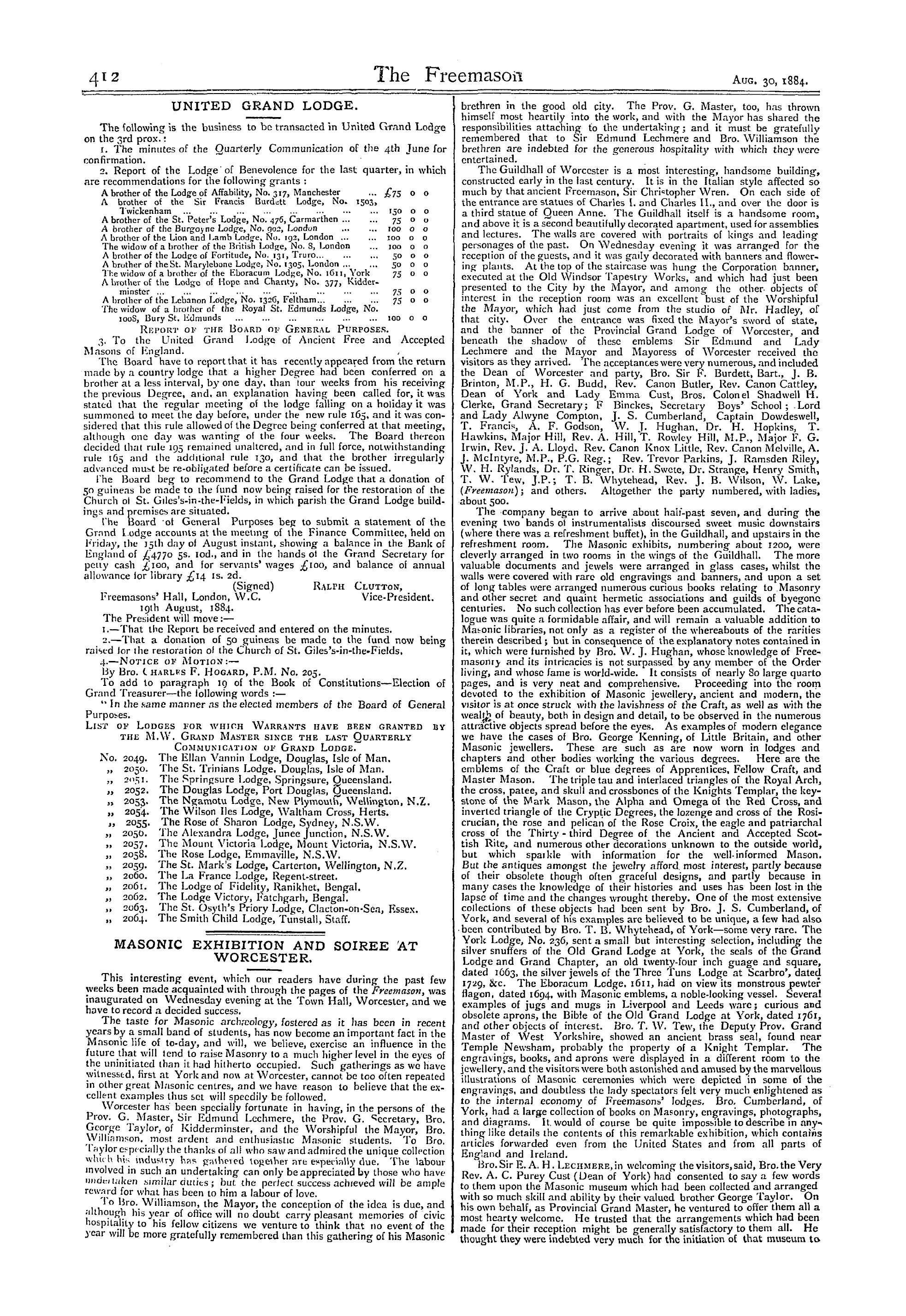 The Freemason: 1884-08-30 - Masonic Exhibition And Soiree At Worcester.