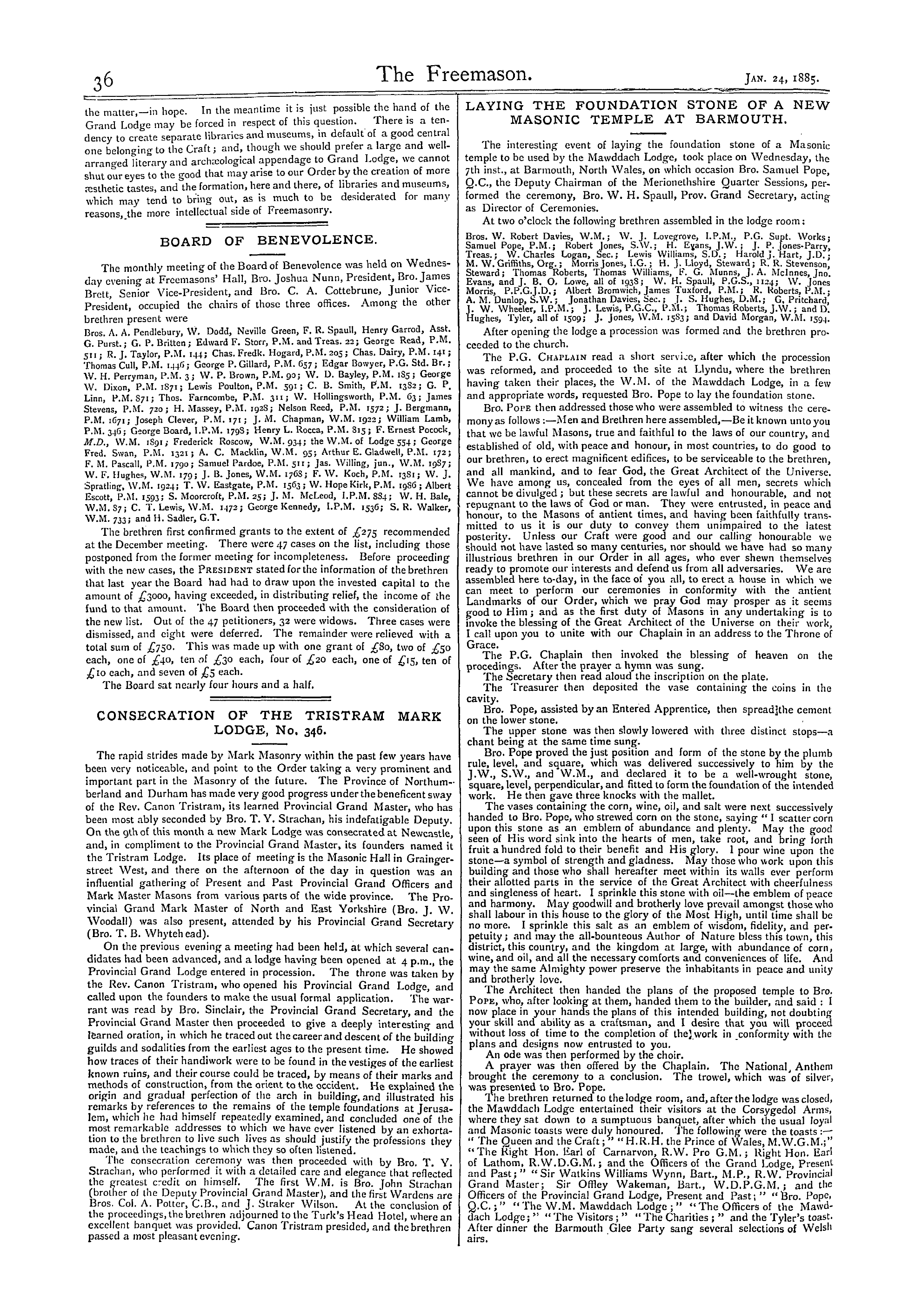 The Freemason: 1885-01-24 - Laying The Foundation Stone Of A New Masonic Temple At Barmouth.