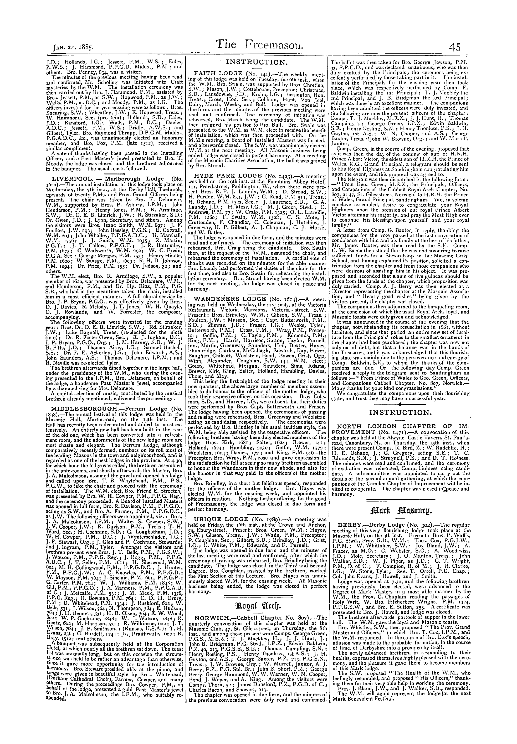 The Freemason: 1885-01-24 - Reports Of Masonic Meetings.