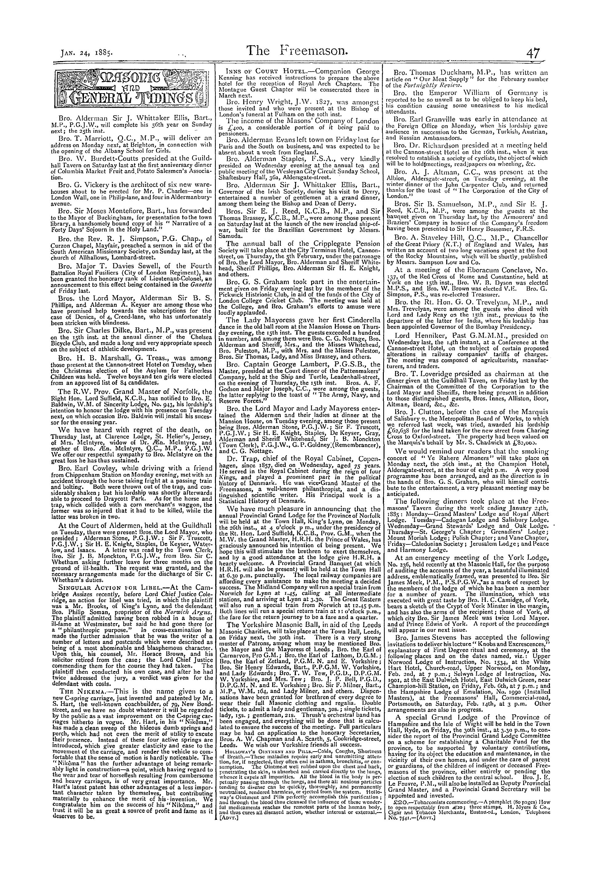 The Freemason: 1885-01-24 - Masonic And General Tidings