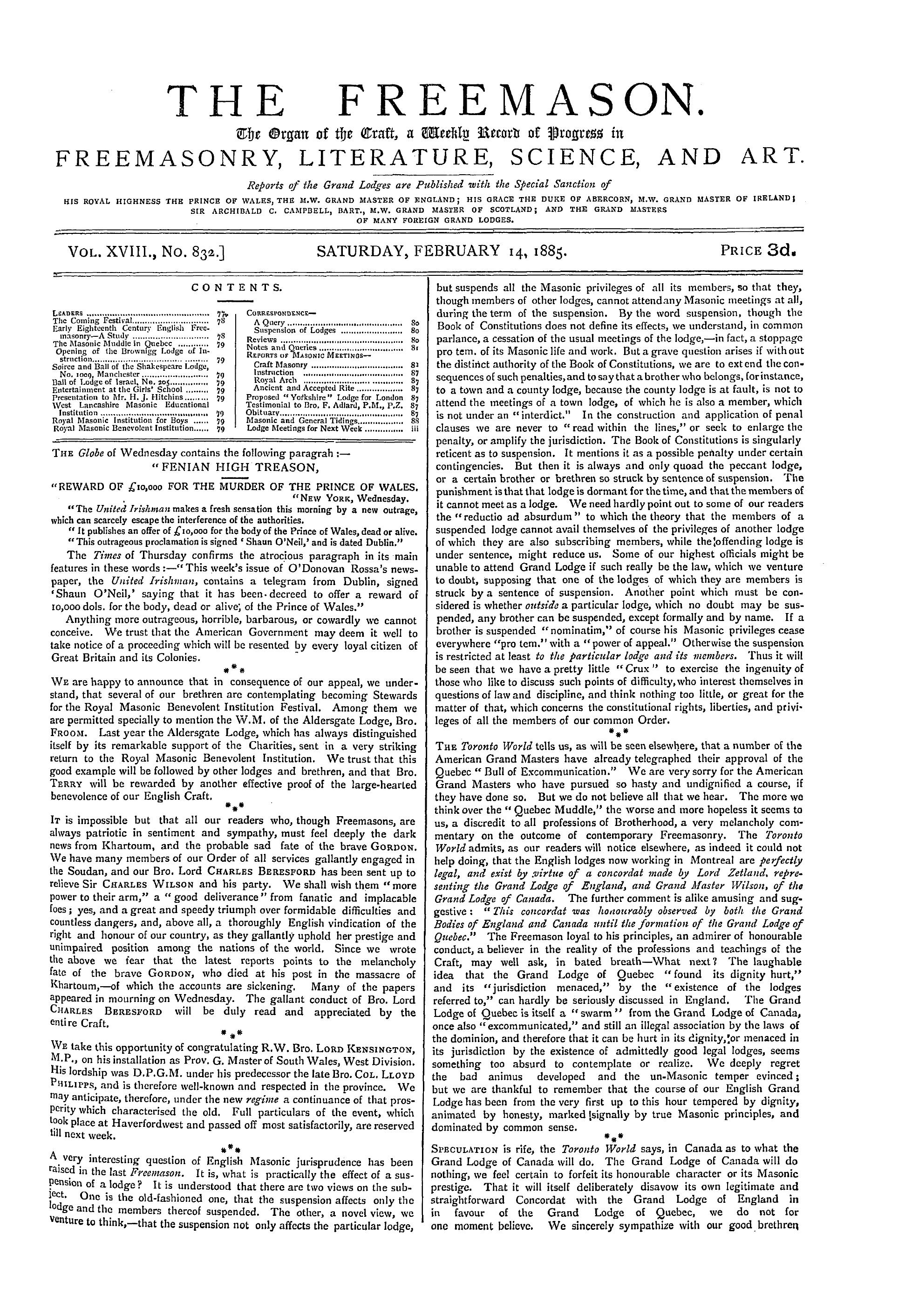 The Freemason: 1885-02-14 - "Fenian High Treason,