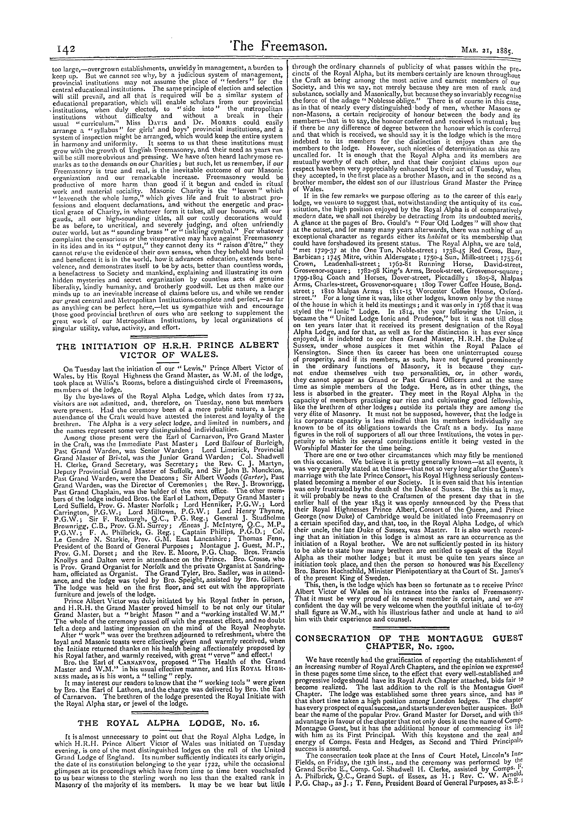 The Freemason: 1885-03-21 - Consecration Of The Montague Guest Chapter, No. 1900.