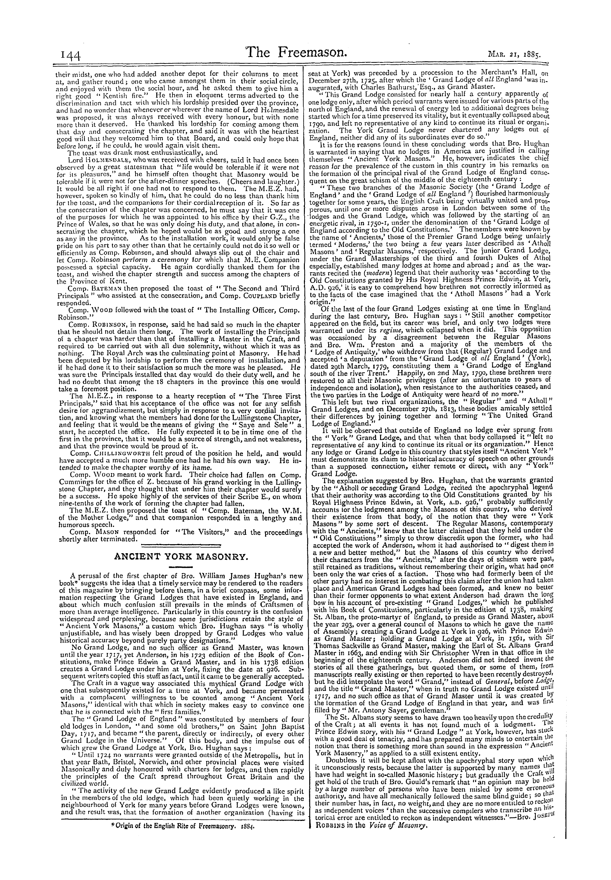 The Freemason: 1885-03-21 - Consecration Of The Saye And Sele Chapter, No. 1973.