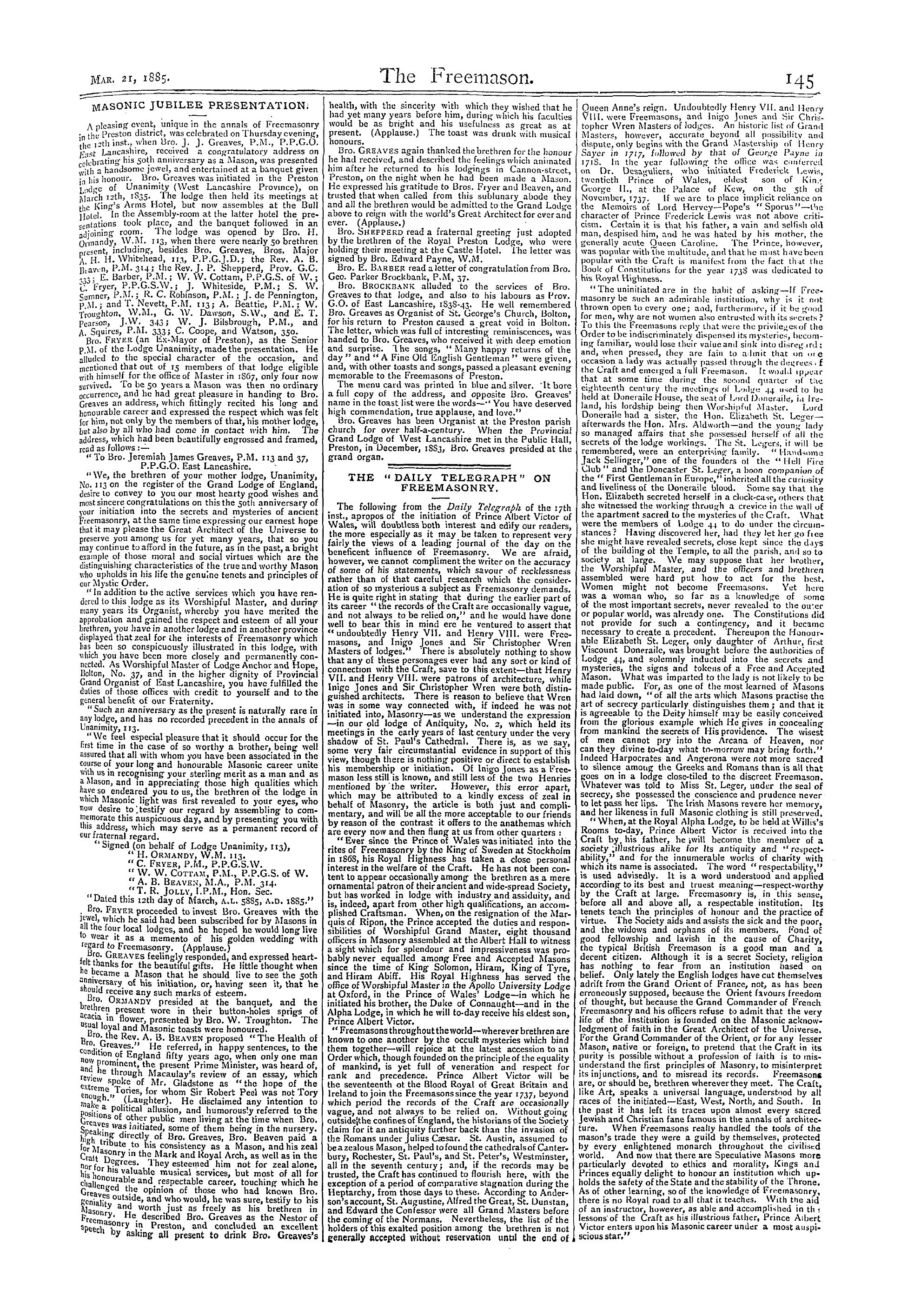 The Freemason: 1885-03-21 - The "Daily Telegraph" On Freemasonry.