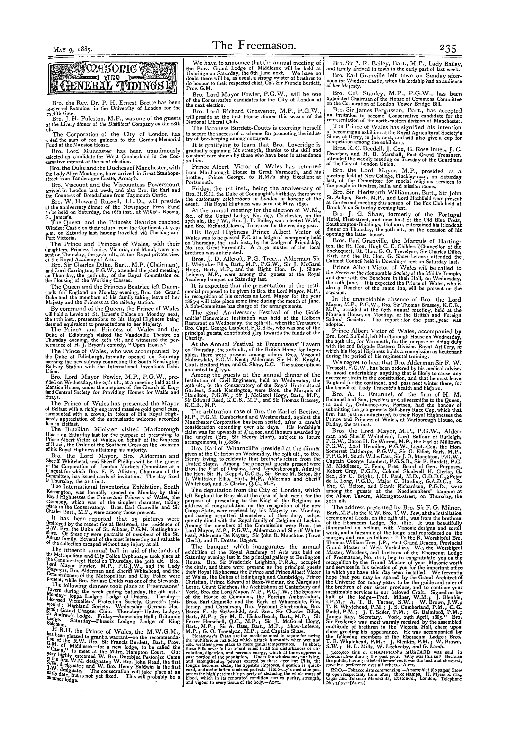 The Freemason: 1885-05-09 - Masonic And General Tidings