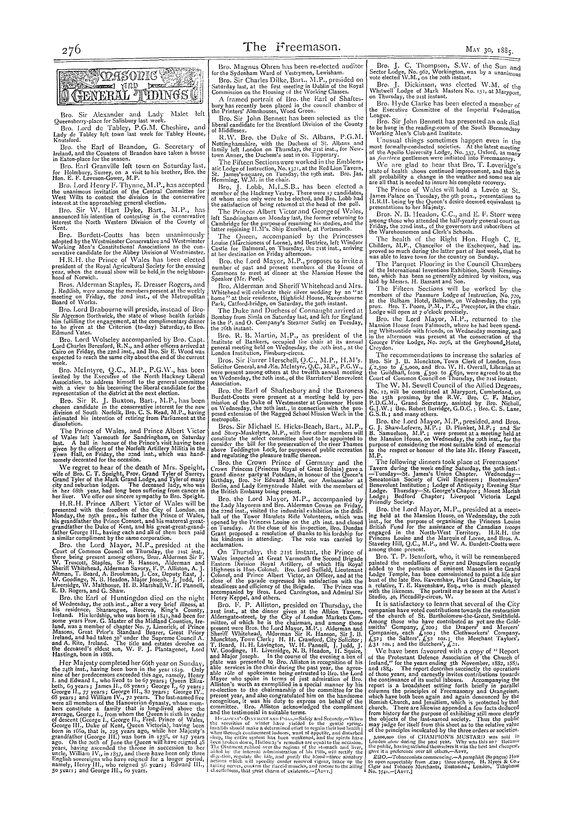 The Freemason: 1885-05-30 - Masonic And General Tidings