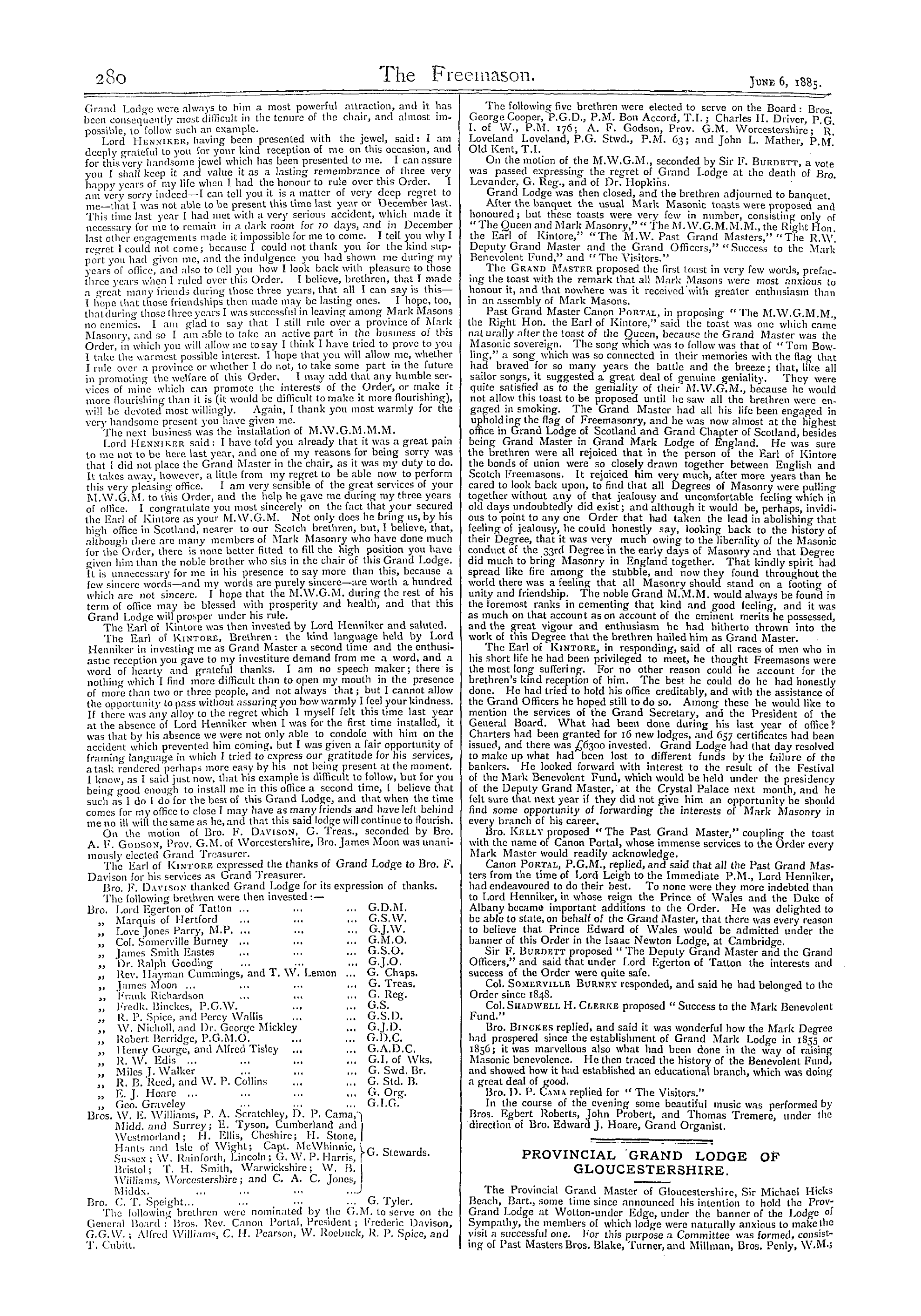 The Freemason: 1885-06-06 - Provincial Grand Lodge Of Gloucestershire.