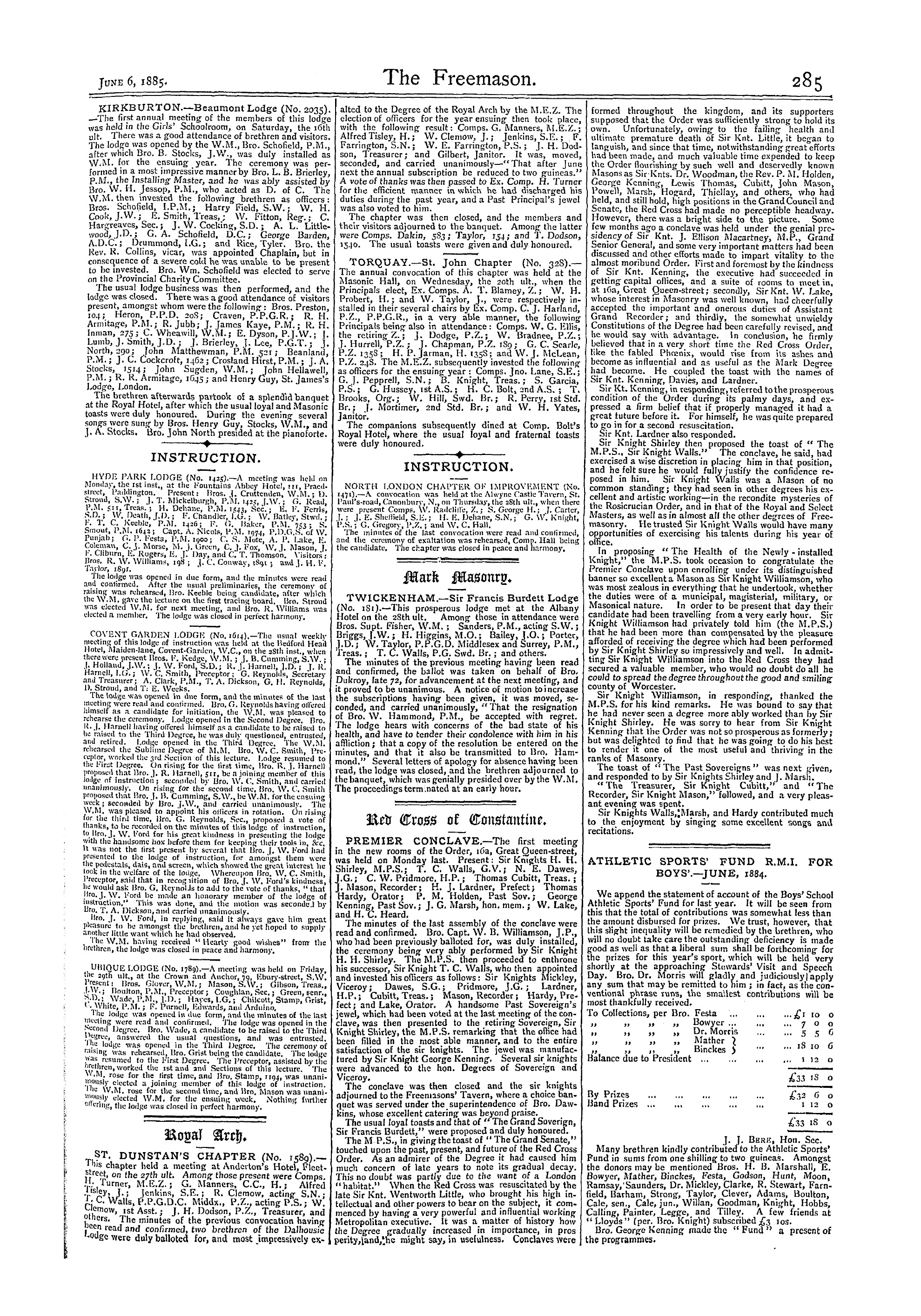 The Freemason: 1885-06-06 - Athletic Sports' Fund R.M.I. For Boys'.—June, 1884.