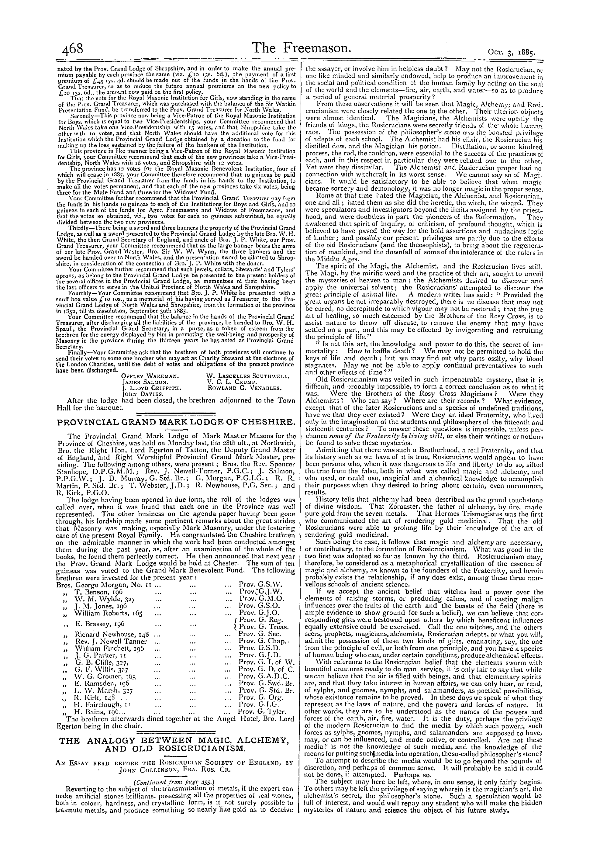 The Freemason: 1885-10-03 - Provincial Grand Lodge Of North Wales And Shropshire.