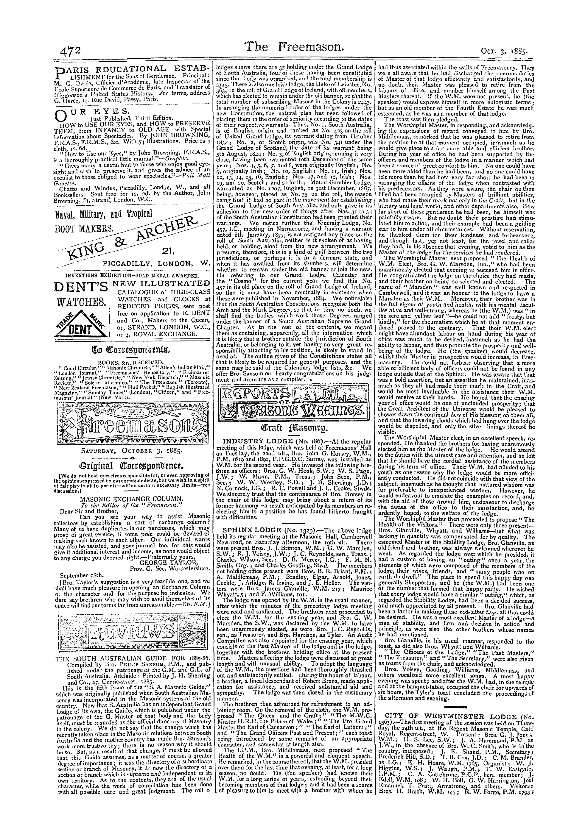 The Freemason: 1885-10-03 - Reports Of Masonic Meetings.