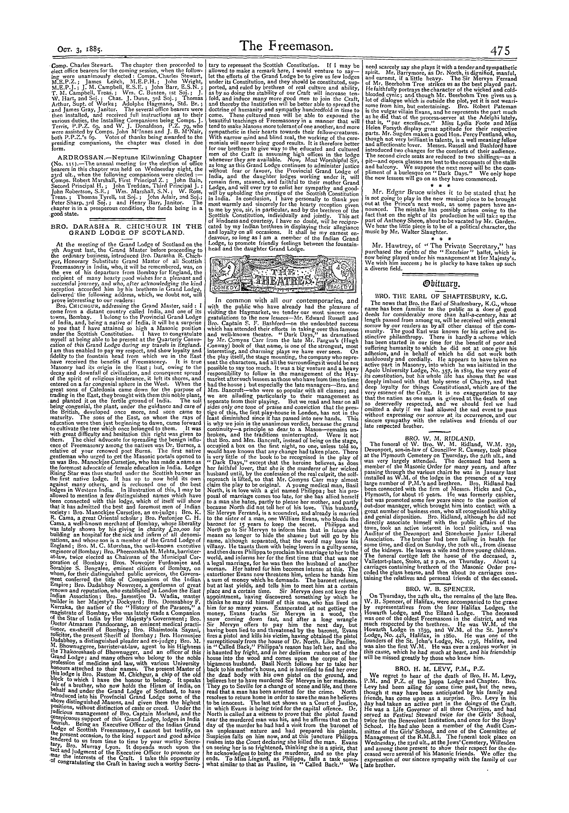 The Freemason: 1885-10-03 - The Theatres.