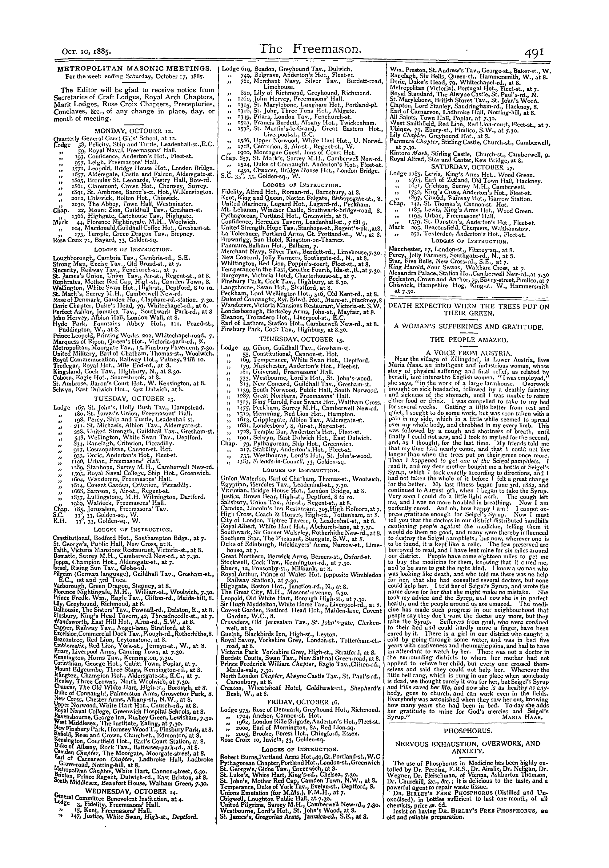 The Freemason: 1885-10-10 - Metropolitan Masonic Meetings.