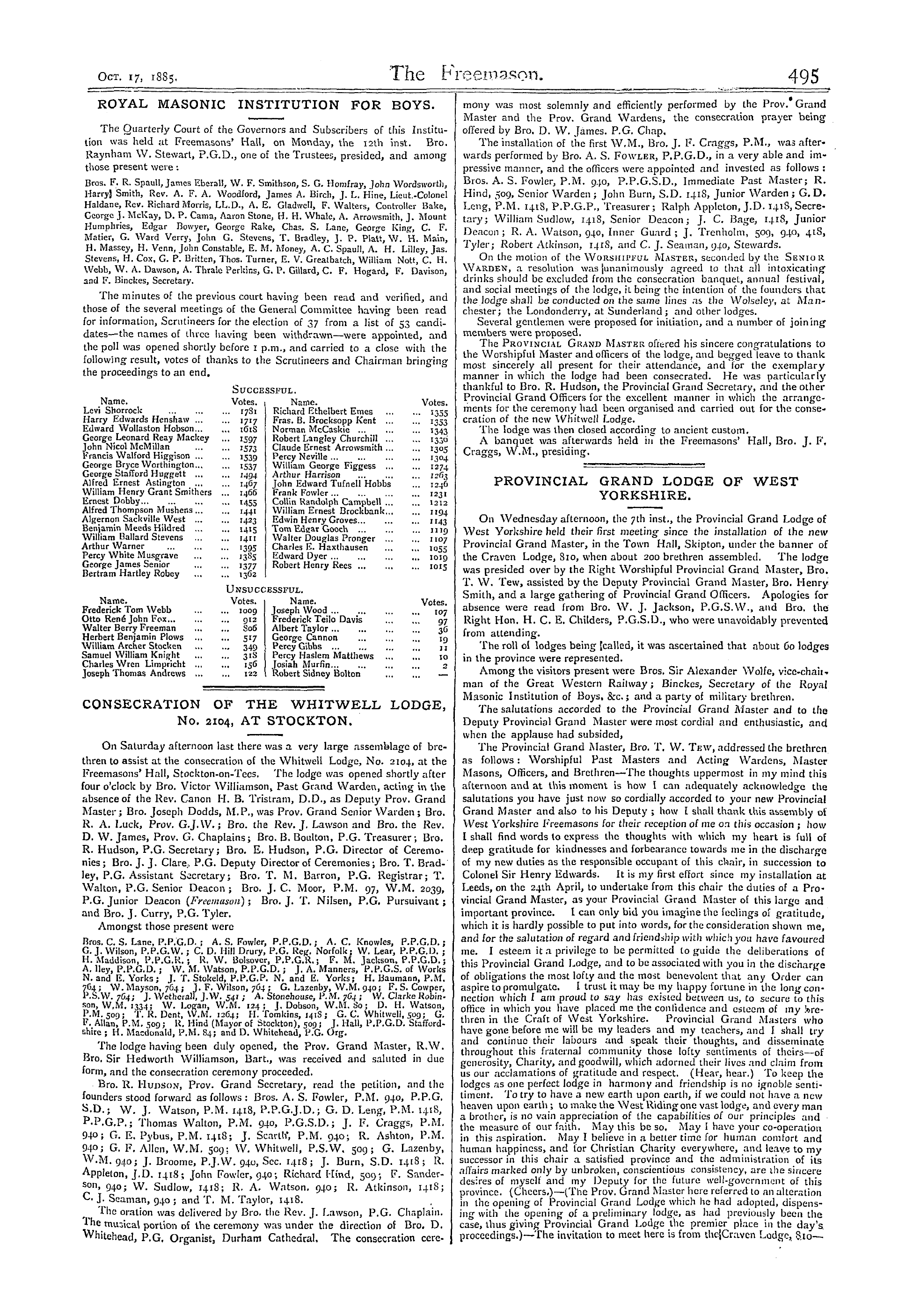 The Freemason: 1885-10-17 - Provincial Grand Lodge Of West Yorkshire.