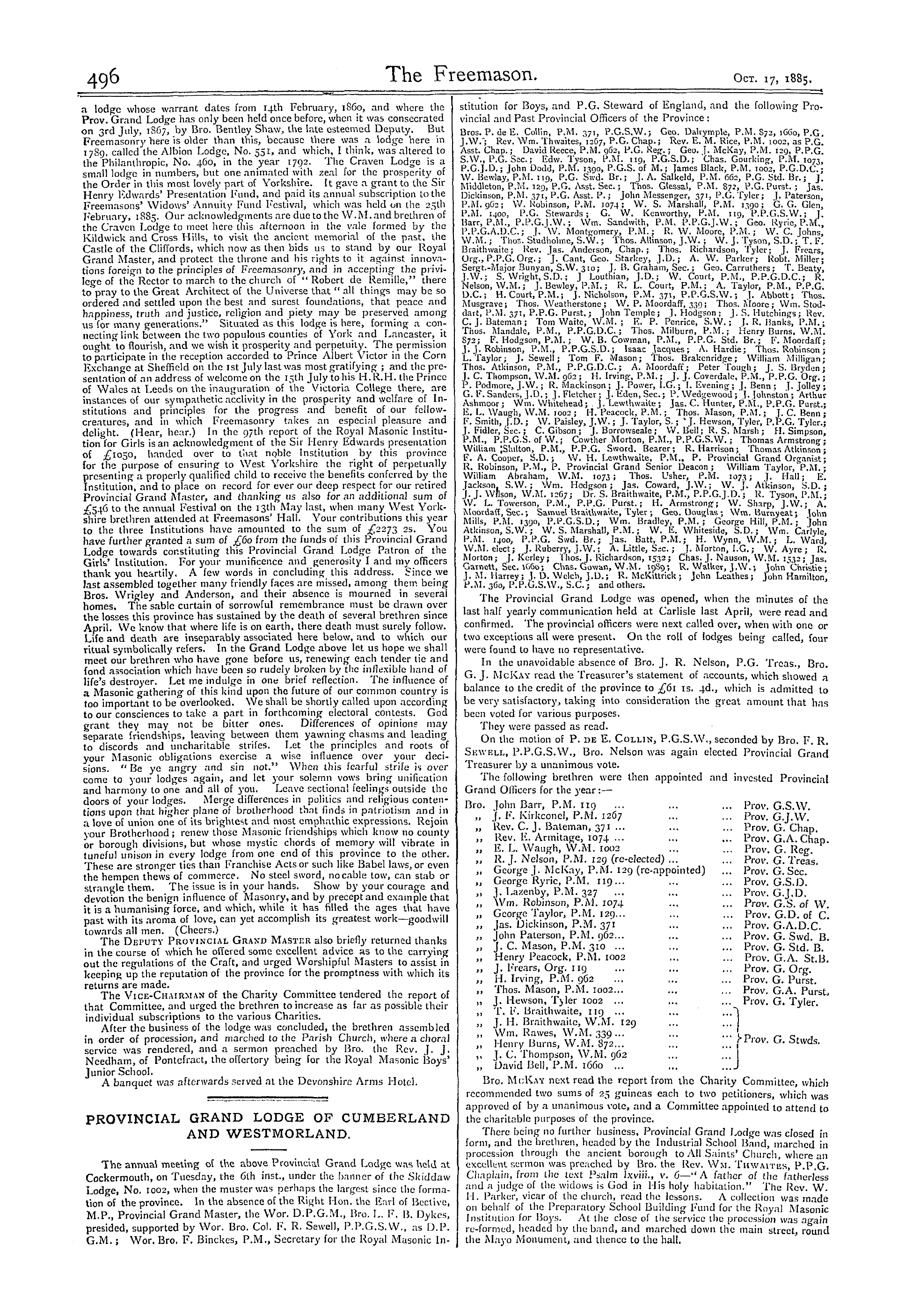 The Freemason: 1885-10-17 - Provincial Grand Lodge Of West Yorkshire.