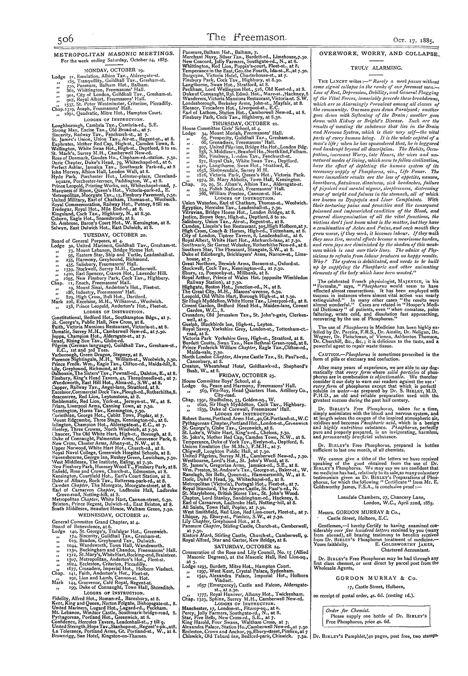 The Freemason: 1885-10-17 - Overwork, Worry, And Collapse.