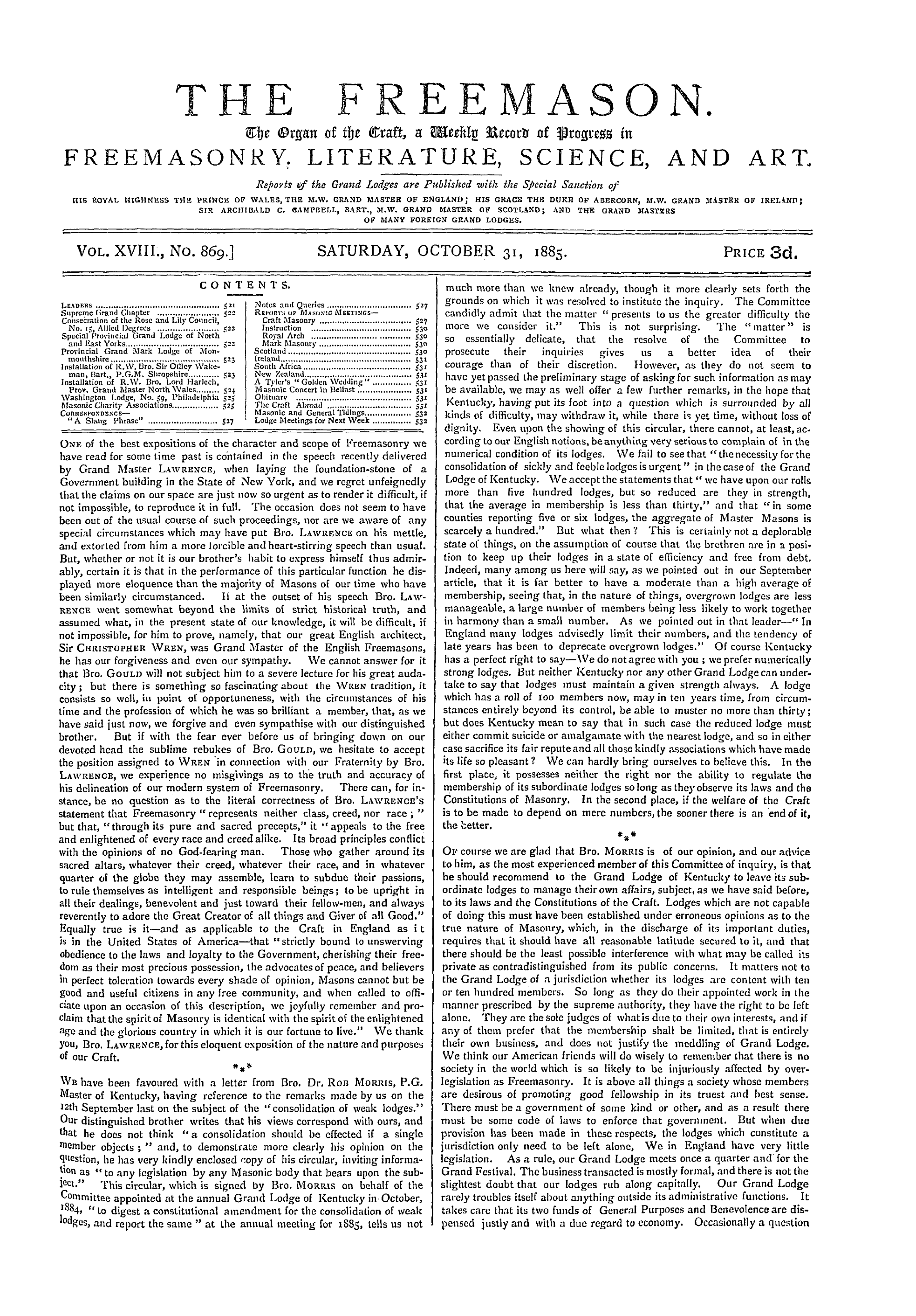 The Freemason: 1885-10-31 - Contents.