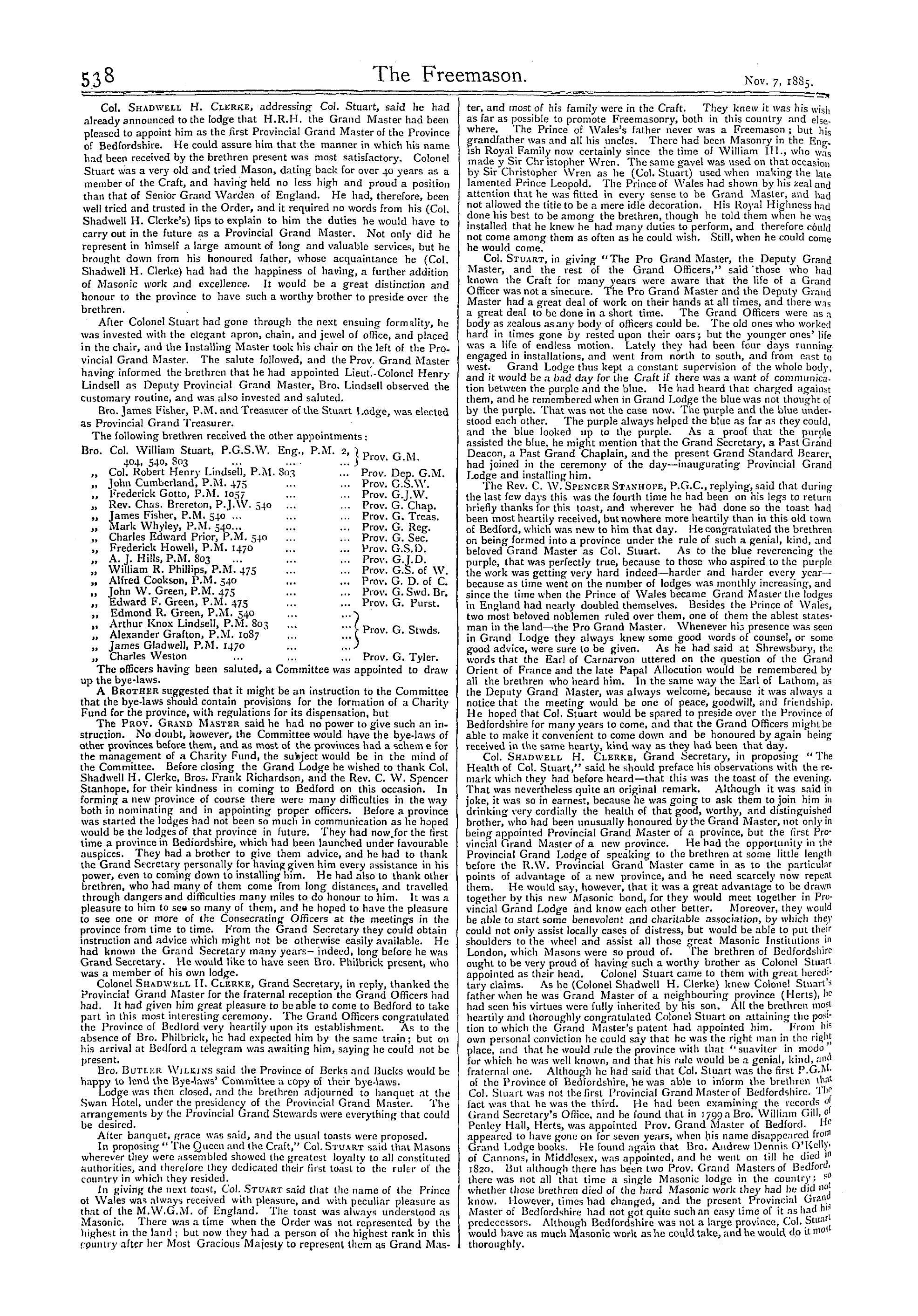 The Freemason: 1885-11-07 - Inauguration Of The Province Of Bedfordshire.