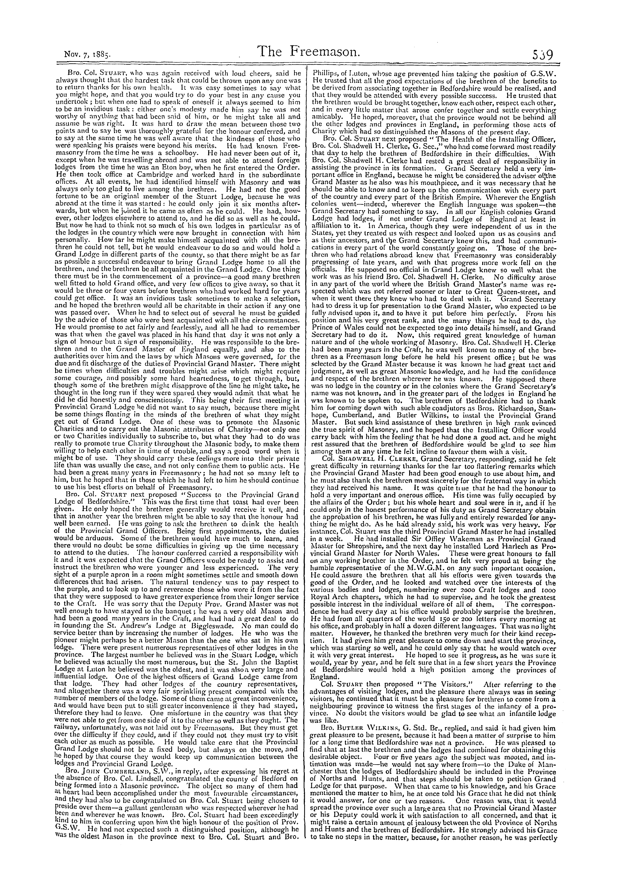 The Freemason: 1885-11-07 - Inauguration Of The Province Of Bedfordshire.