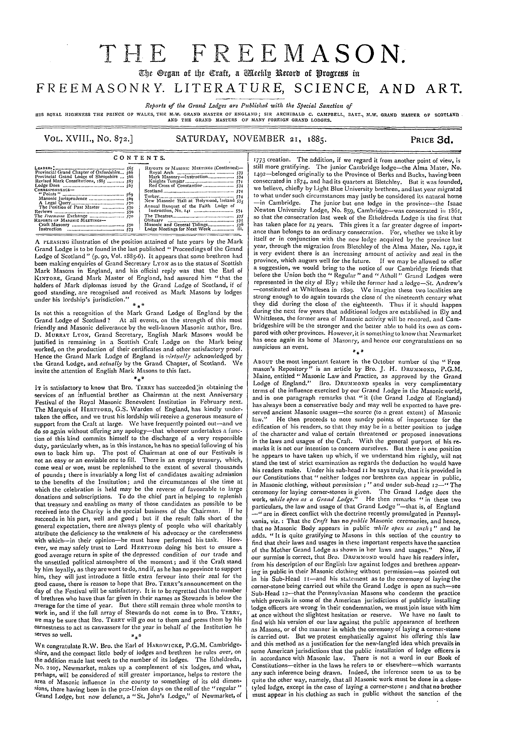 The Freemason: 1885-11-21 - Contents.