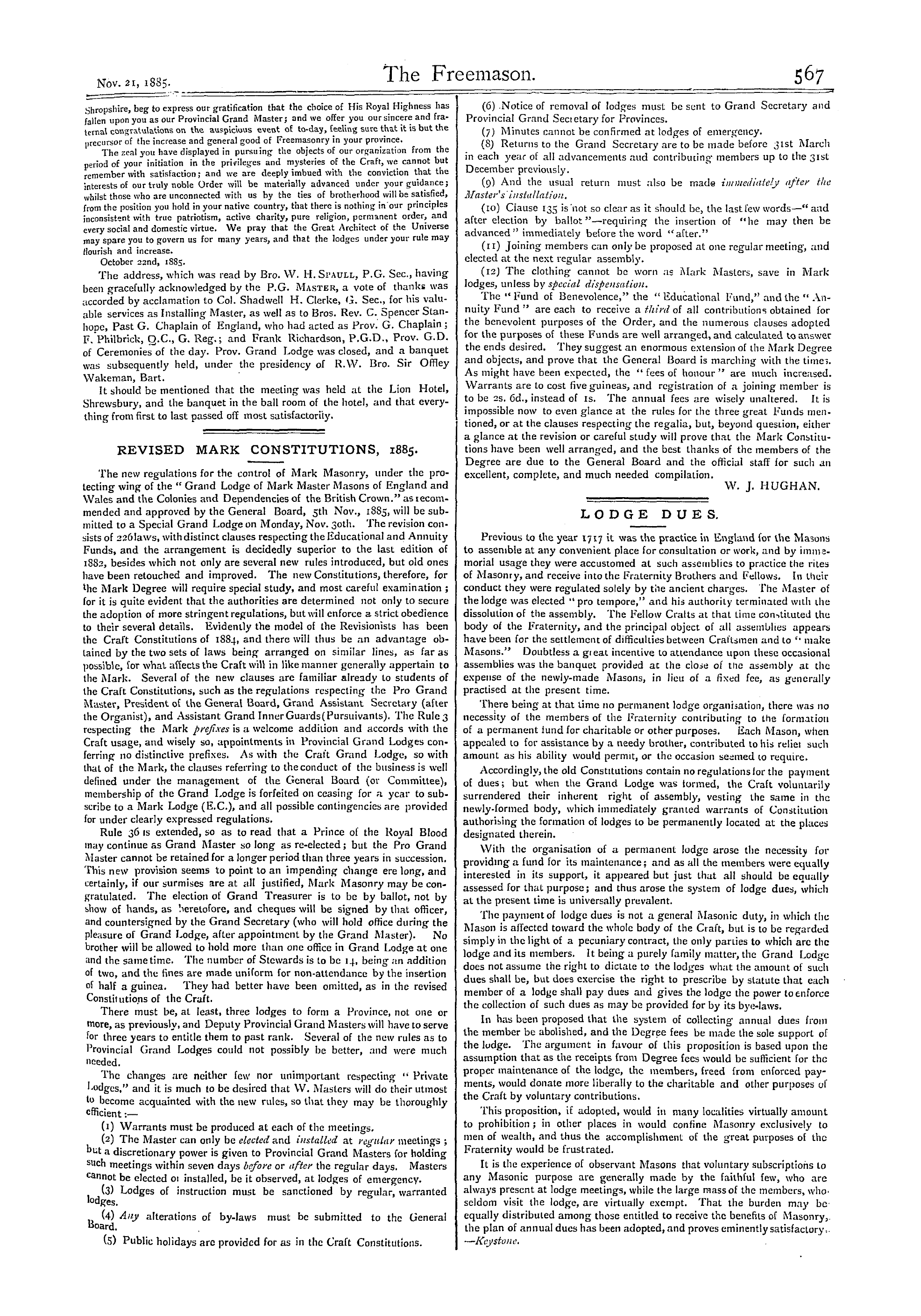 The Freemason: 1885-11-21 - Revised Mark Constitutions, 1885.